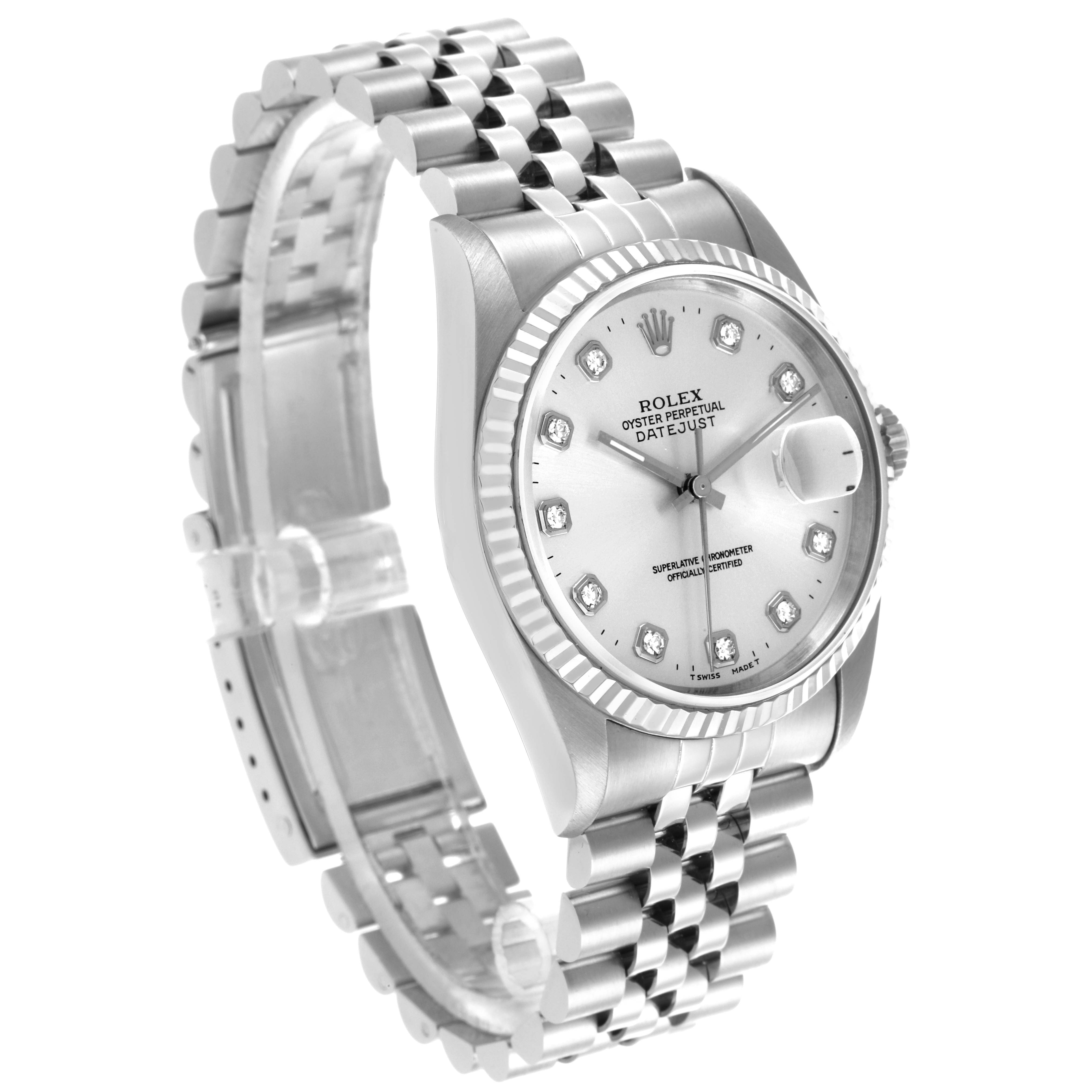 The Rolex Datejust 16234 Men
s Stainless Steel Silver Dial 16234 Men
s Stainless Steel Silver Dial watch is shown from a three-quarter angle displaying the face, bezel, and bracelet.