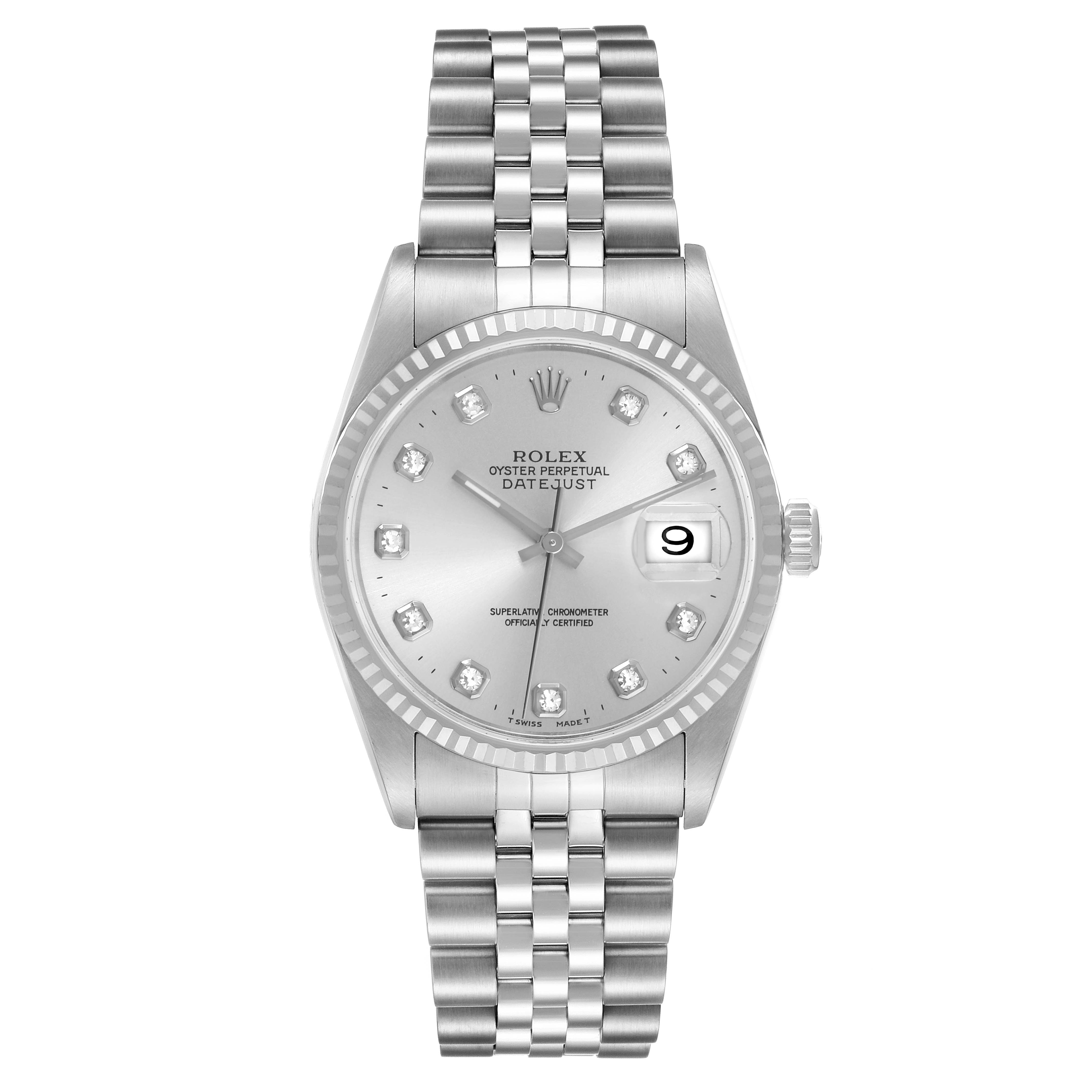The Rolex Datejust 16234 Men
s Stainless Steel Silver Dial 16234 Men
s Stainless Steel Silver Dial watch is shown from the front, including the face, bezel, and bracelet.