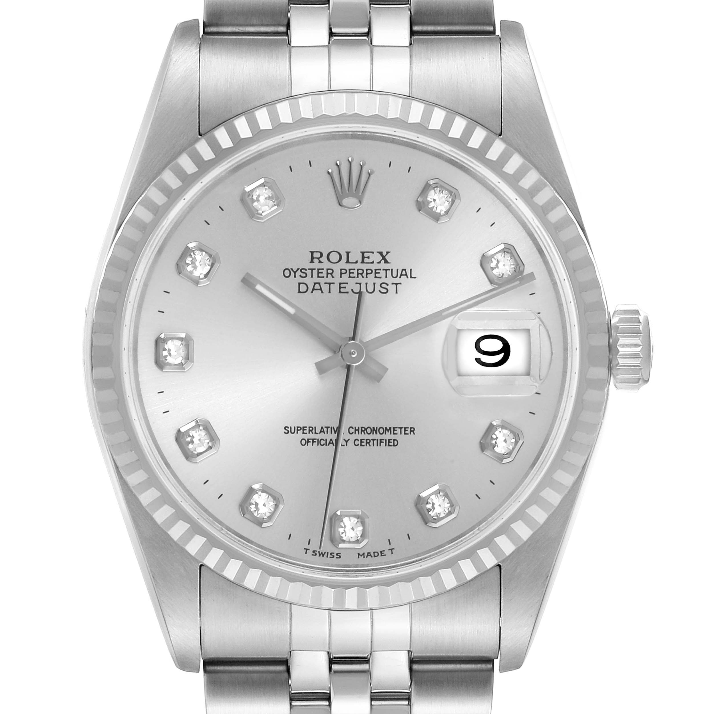 The Rolex Datejust 16234 Men
s Stainless Steel Silver Dial 16234 Men
s Stainless Steel Silver Dial watch is shown from the front, highlighting the dial, bezel, crown, and part of the bracelet.