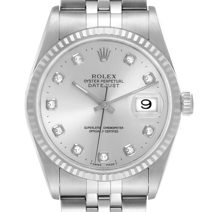 The Rolex Datejust watch is shown from the front, highlighting the dial, bezel, crown, and part of the bracelet.