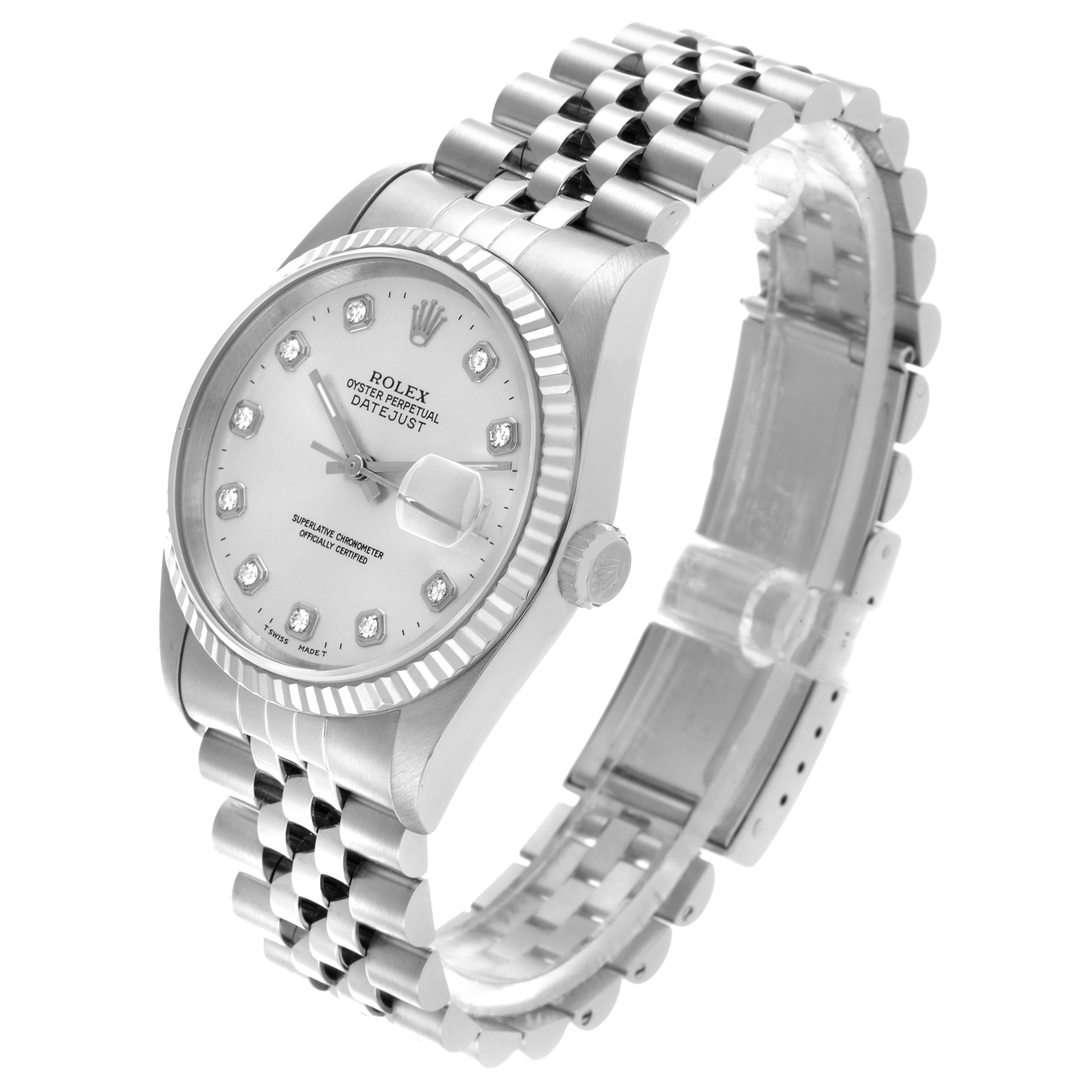 The Rolex Datejust 16234 Men
s Stainless Steel Silver Dial 16234 Men
s Stainless Steel Silver Dial watch is shown at a diagonal angle, displaying the face, bezel, crown, and part of the bracelet.