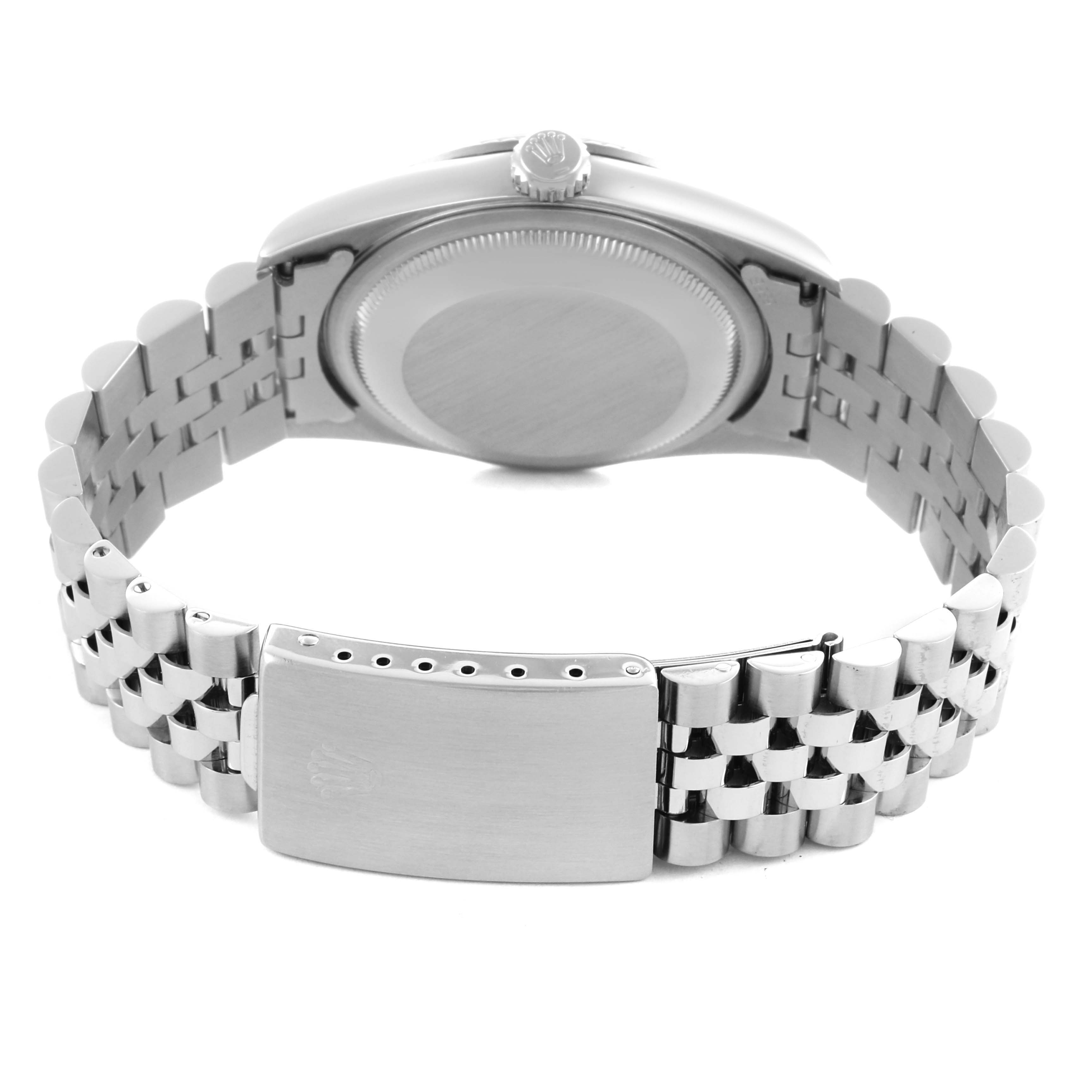 The image shows the back and sides of a Rolex Datejust 16234 Men
s Stainless Steel Silver Dial 16234 Men
s Stainless Steel Silver Dial, highlighting the case back and Jubilee bracelet with clasp.