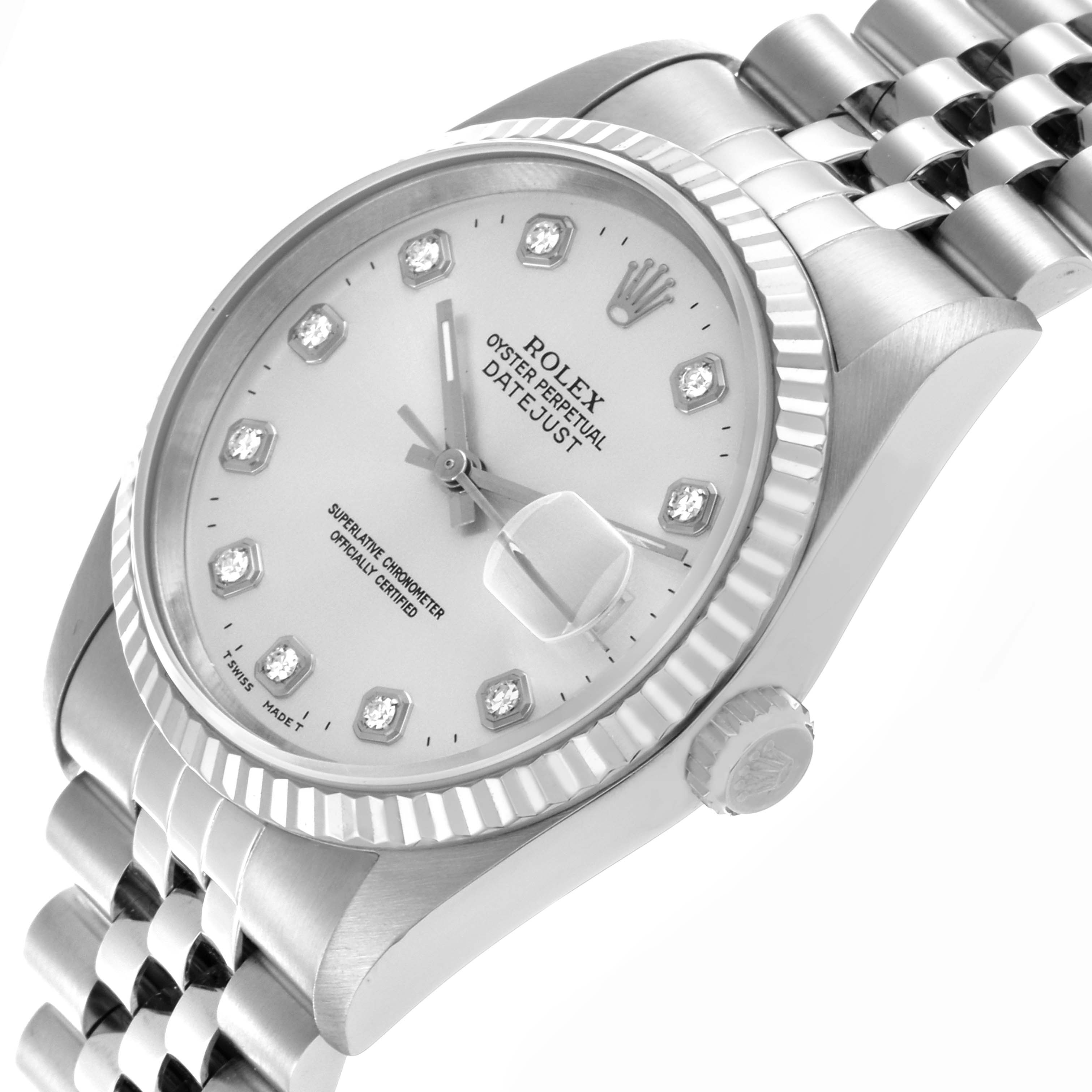 The Rolex Datejust 16234 Men
s Stainless Steel Silver Dial 16234 Men
s Stainless Steel Silver Dial watch is shown from a front angle, highlighting the dial, bezel, crown, and part of the bracelet.