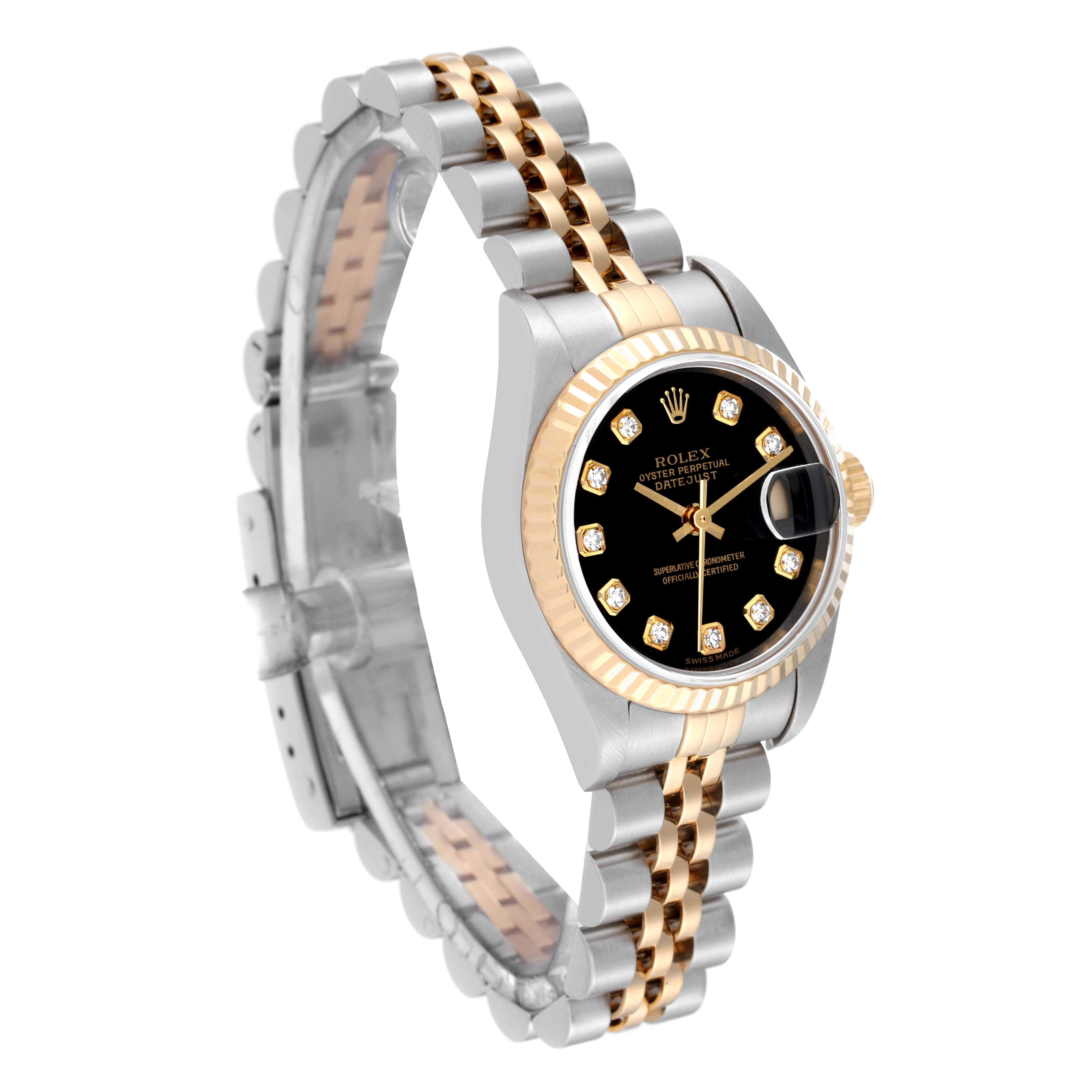 The Rolex Datejust 79173 Women's Steel and Gold (two tone) Black Dial 79173 Women's Steel and Gold (two tone) Black Dial watch is shown at an angle, highlighting its black diamond dial, fluted bezel, and two-tone bracelet.