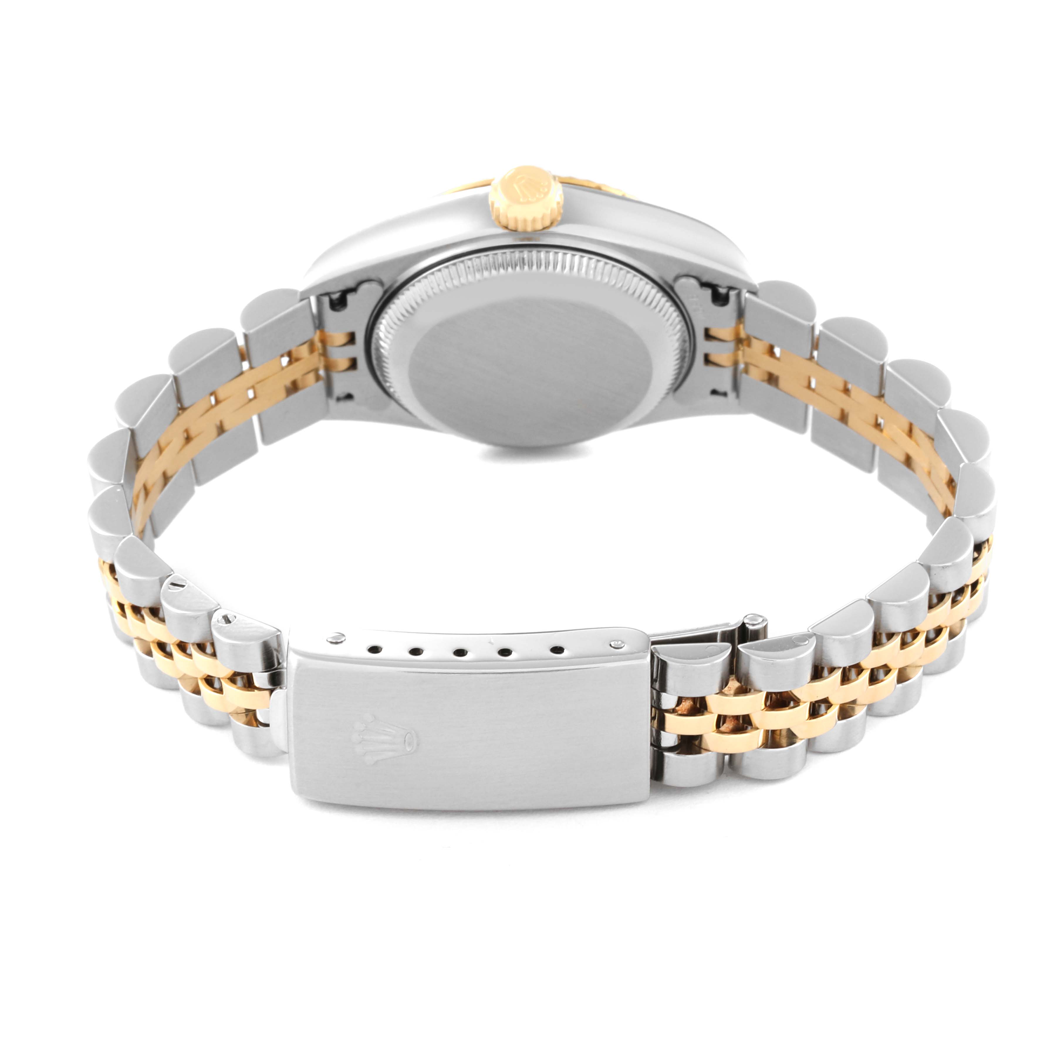 This image shows the back view of a Rolex Datejust 79173 Women's Steel and Gold (two tone) Black Dial 79173 Women's Steel and Gold (two tone) Black Dial watch, highlighting the bracelet and clasp.