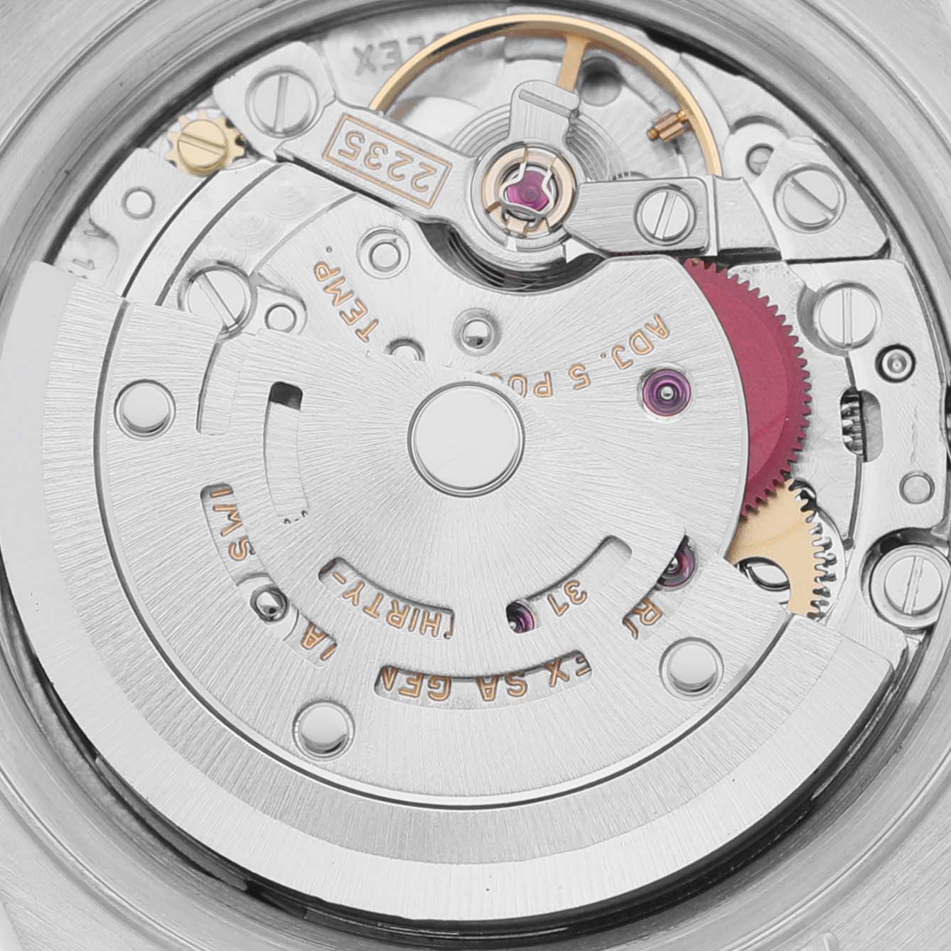 This image shows a close-up view of the movement mechanism of a Rolex Datejust 79173 Women's Steel and Gold (two tone) Black Dial 79173 Women's Steel and Gold (two tone) Black Dial watch.