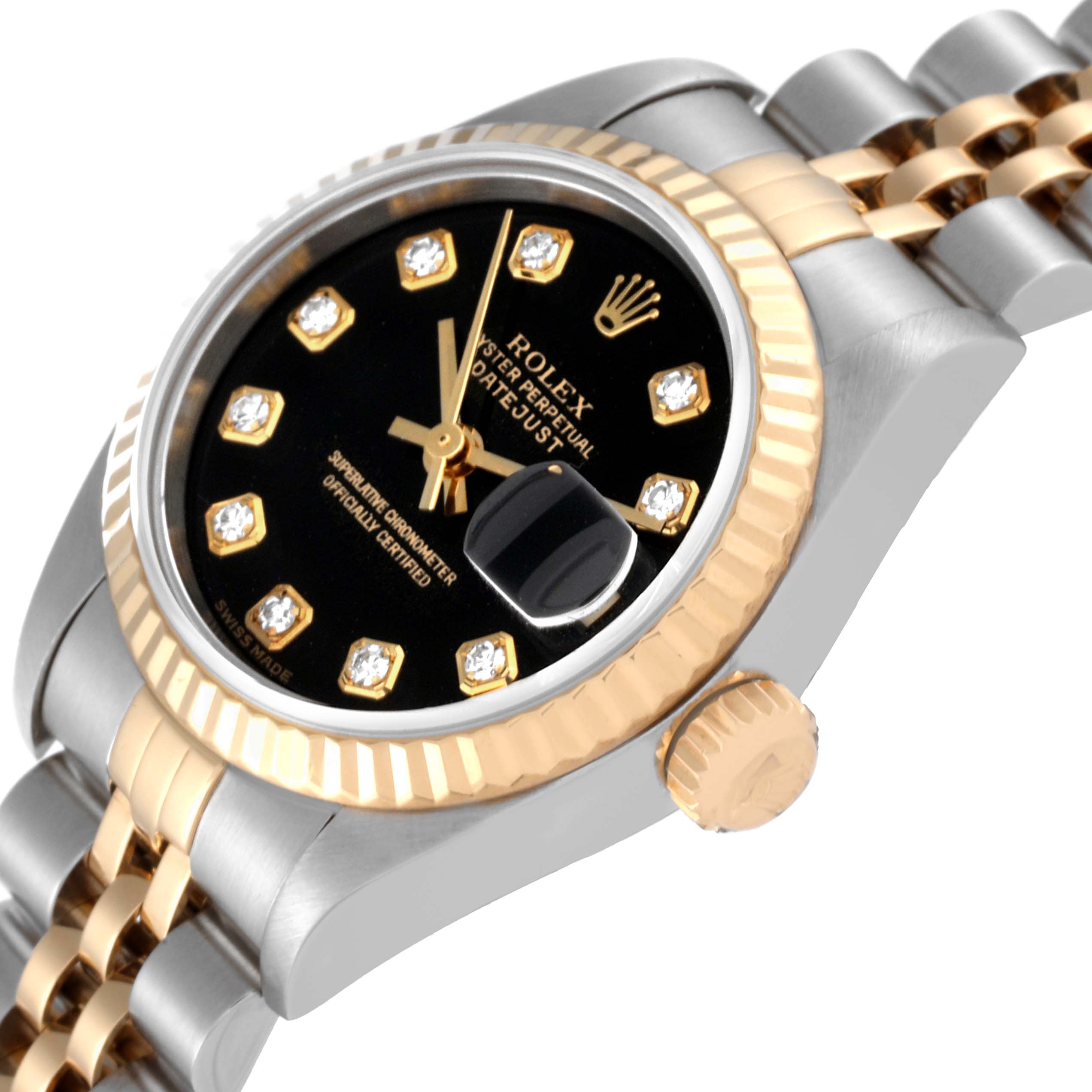 This image shows a Rolex Datejust 79173 Women's Steel and Gold (two tone) Black Dial 79173 Women's Steel and Gold (two tone) Black Dial watch at an angle highlighting the black dial, diamond hour markers, bezel, crown, and part of the bracelet.