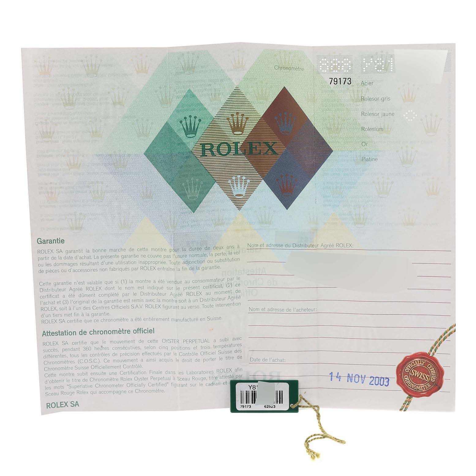 The image shows the warranty certificate and tag for a Rolex Datejust 79173 Women's Steel and Gold (two tone) Black Dial 79173 Women's Steel and Gold (two tone) Black Dial watch.