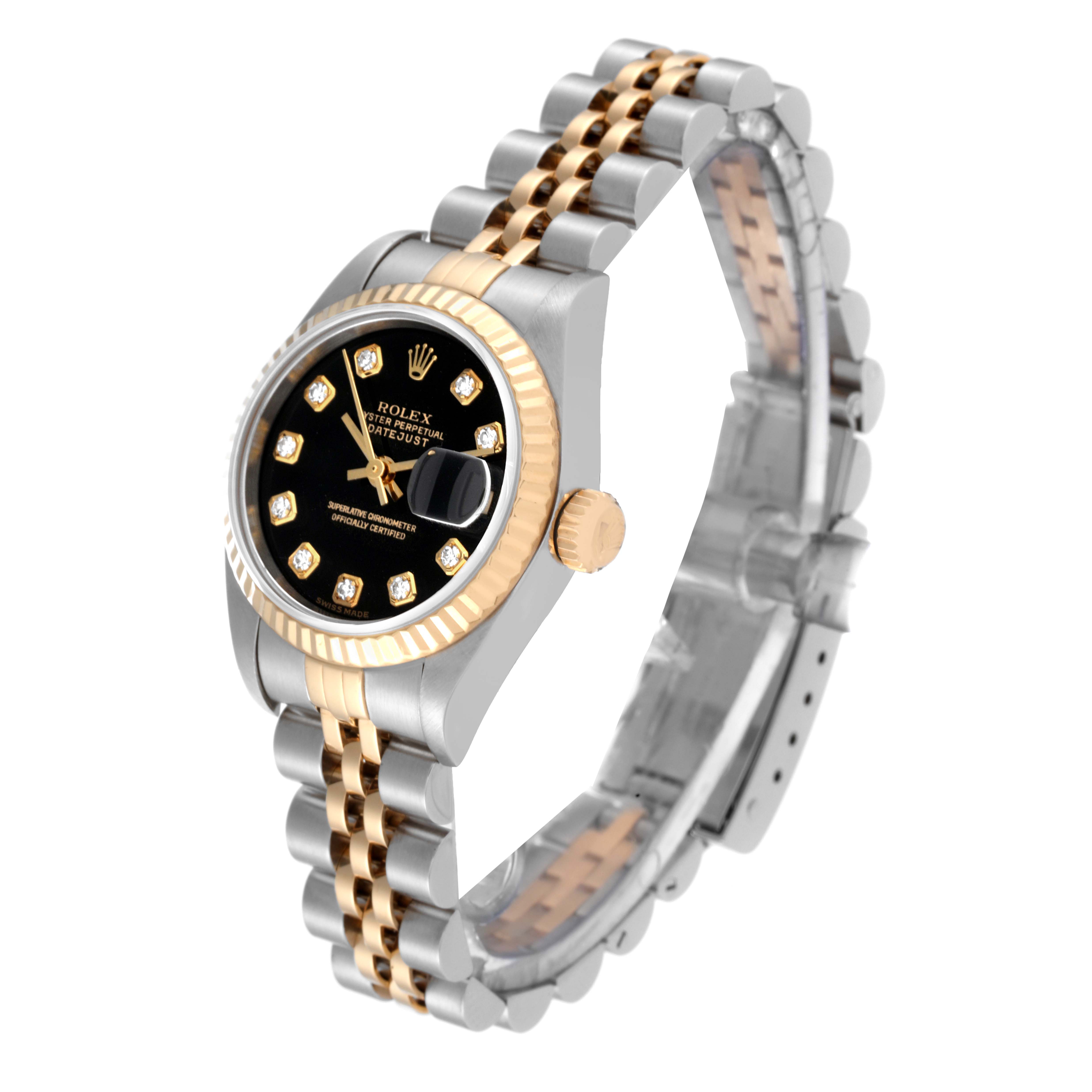 This is a Rolex Datejust 79173 Women's Steel and Gold (two tone) Black Dial 79173 Women's Steel and Gold (two tone) Black Dial watch captured at a 3/4 angle, showing the face, fluted bezel, crown, and two-tone bracelet.