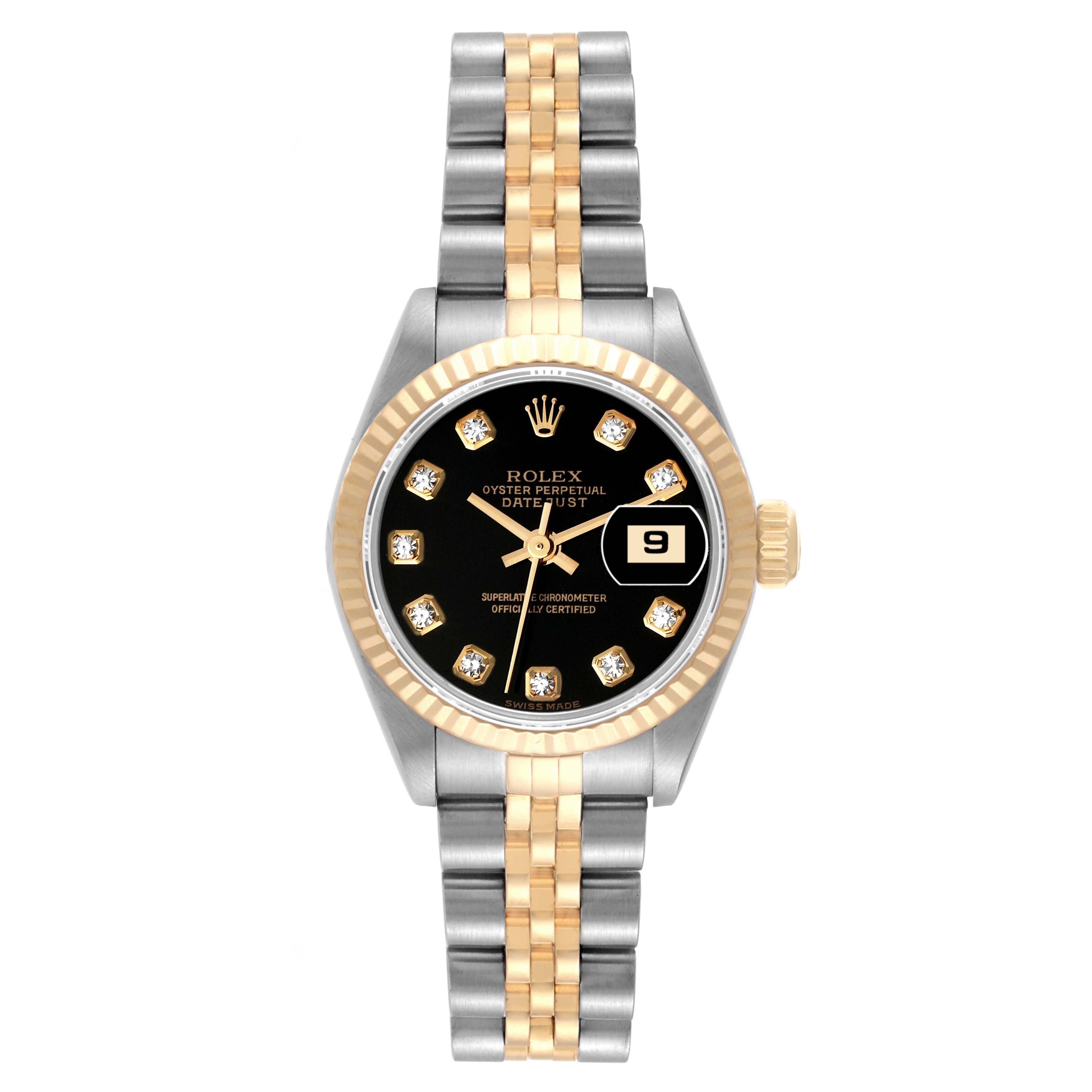 This image shows a front view of a Rolex Datejust 79173 Women's Steel and Gold (two tone) Black Dial 79173 Women's Steel and Gold (two tone) Black Dial watch, highlighting its face, bezel, and two-tone bracelet.