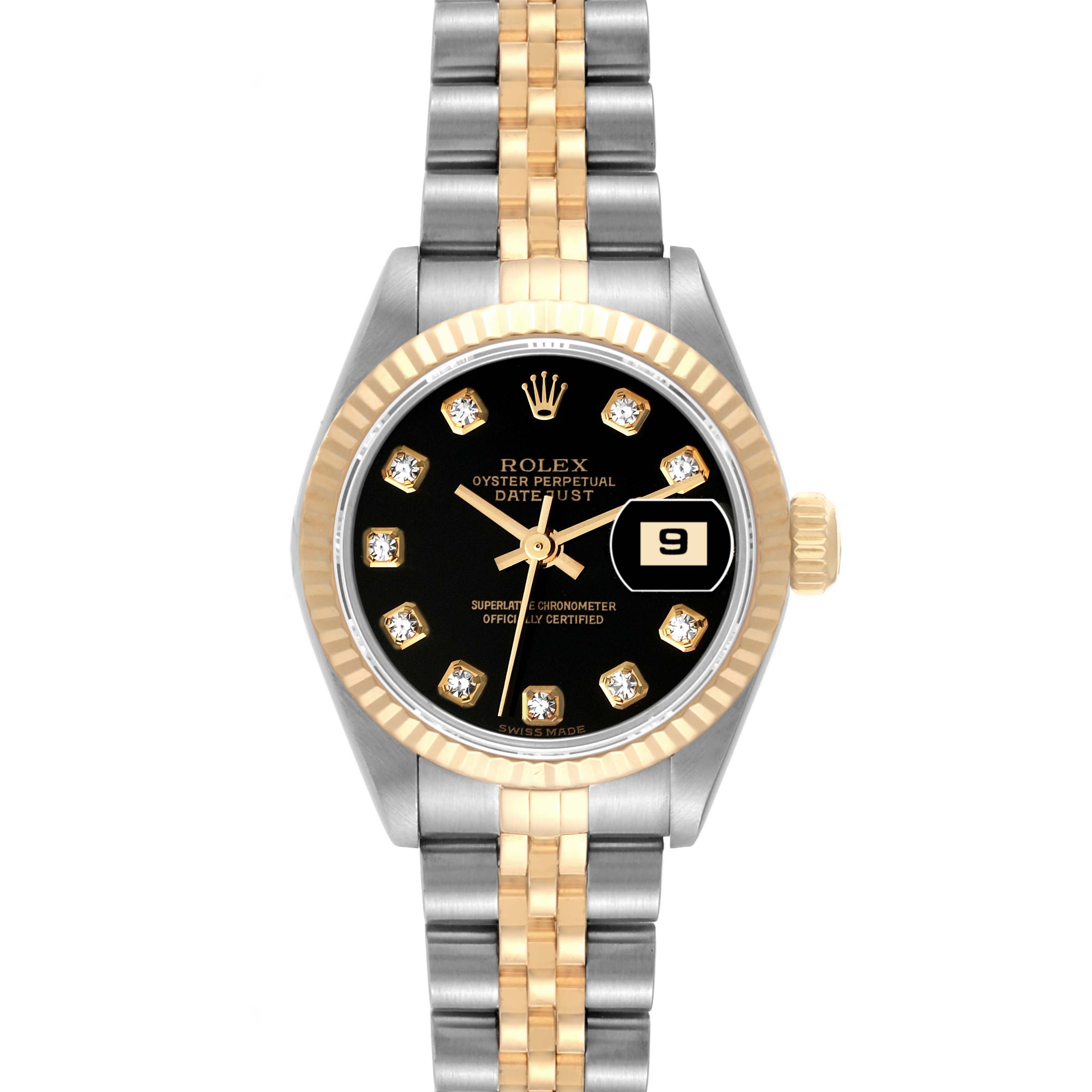 This Rolex Datejust 79173 Women's Steel and Gold (two tone) Black Dial 79173 Women's Steel and Gold (two tone) Black Dial watch is shown from the front, displaying its face, bezel, and bracelet.