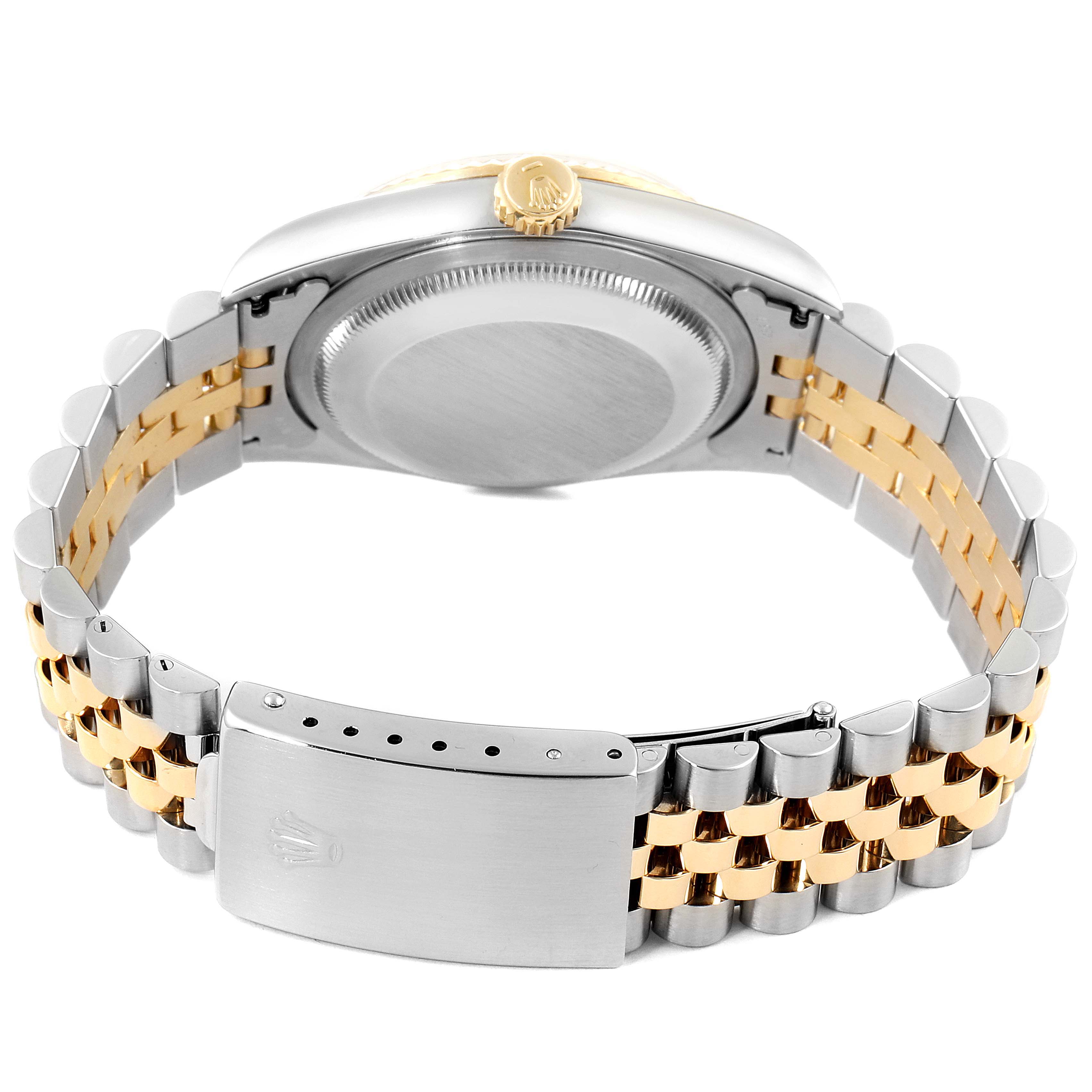 The image shows the Rolex Datejust 16233 Men's Steel and Gold (two tone) Black Dial 16233 Men's Steel and Gold (two tone) Black Dial watch from the back angle, highlighting the case back and the two-tone bracelet with the clasp.