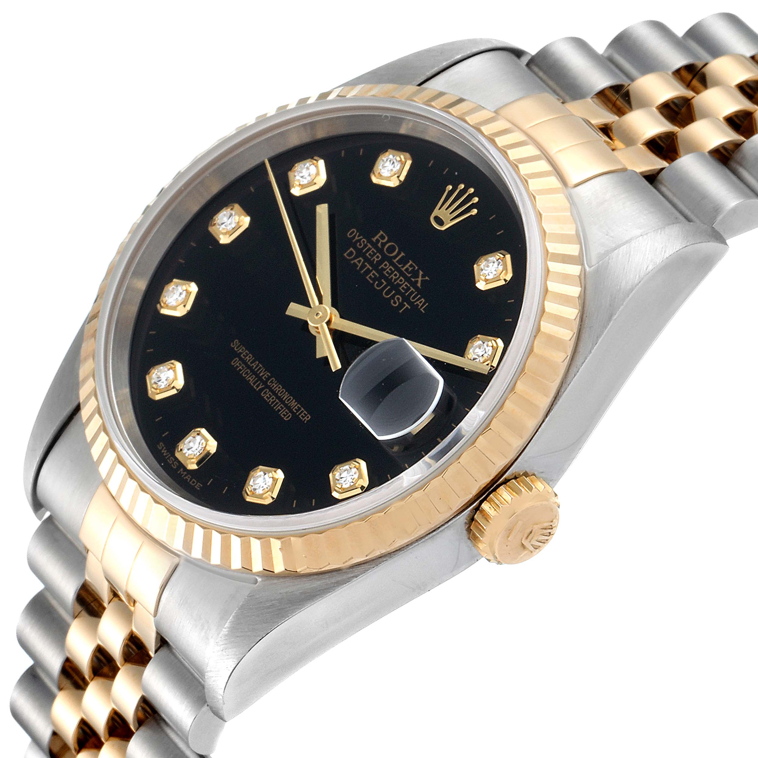 The image shows a Rolex Datejust 16233 Men's Steel and Gold (two tone) Black Dial 16233 Men's Steel and Gold (two tone) Black Dial watch from an angle that highlights the dial, bezel, and part of the bracelet.