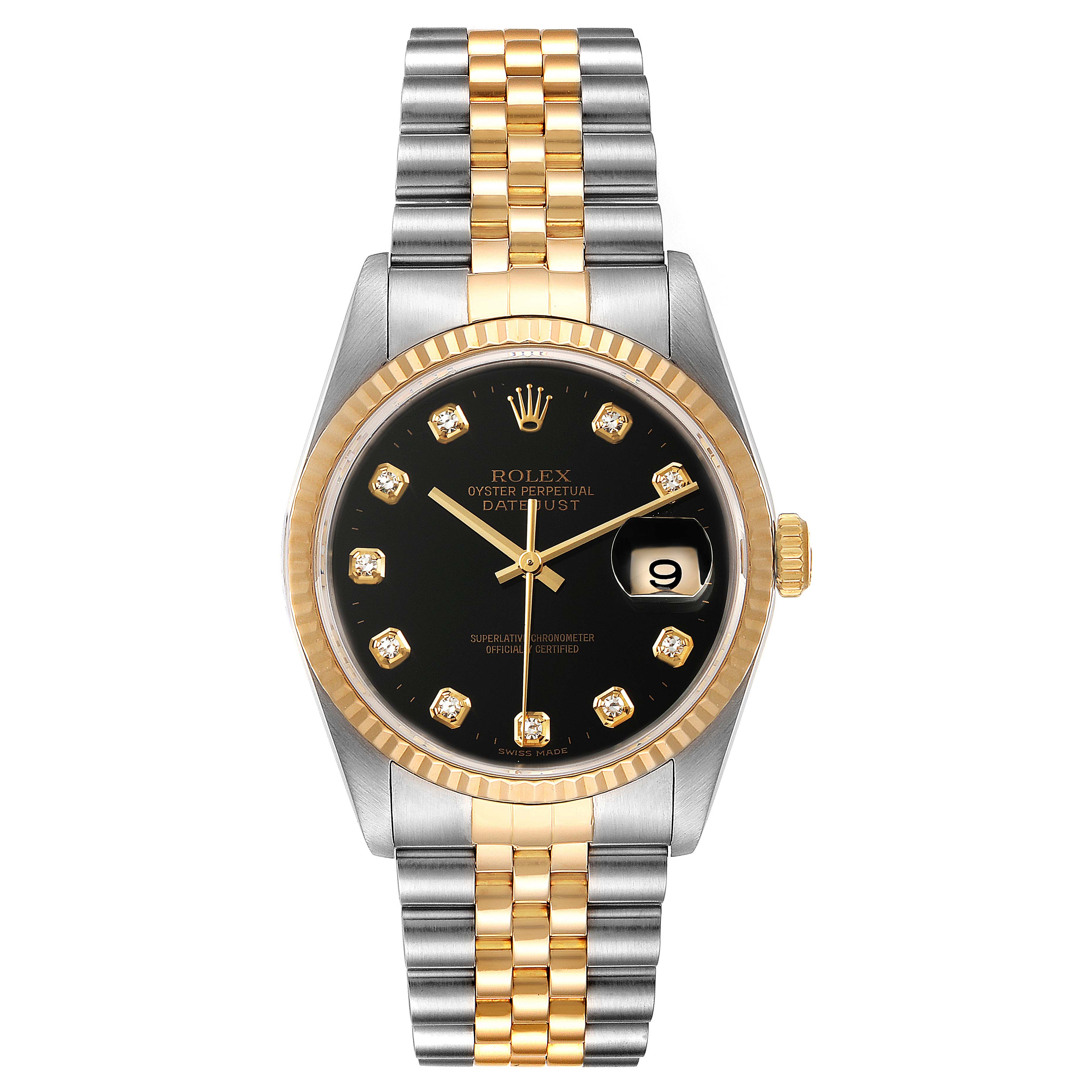 The Rolex Datejust 16233 Men's Steel and Gold (two tone) Black Dial 16233 Men's Steel and Gold (two tone) Black Dial watch is shown from a front angle, displaying the face, bezel, crown, and bracelet.