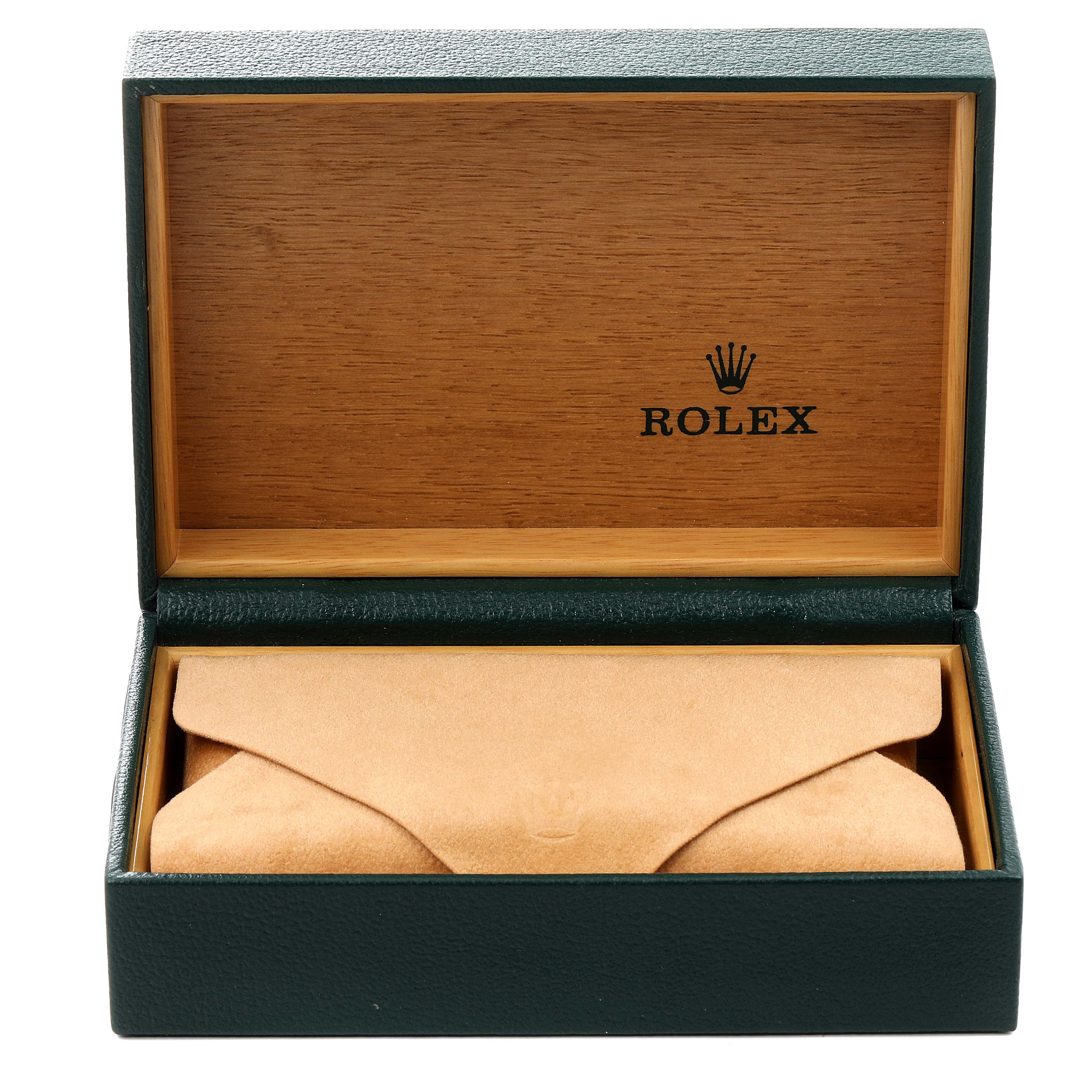 This image shows an open green Rolex Datejust 16233 Men's Steel and Gold (two tone) Black Dial 16233 Men's Steel and Gold (two tone) Black Dial watch box with a tan leather pouch inside.