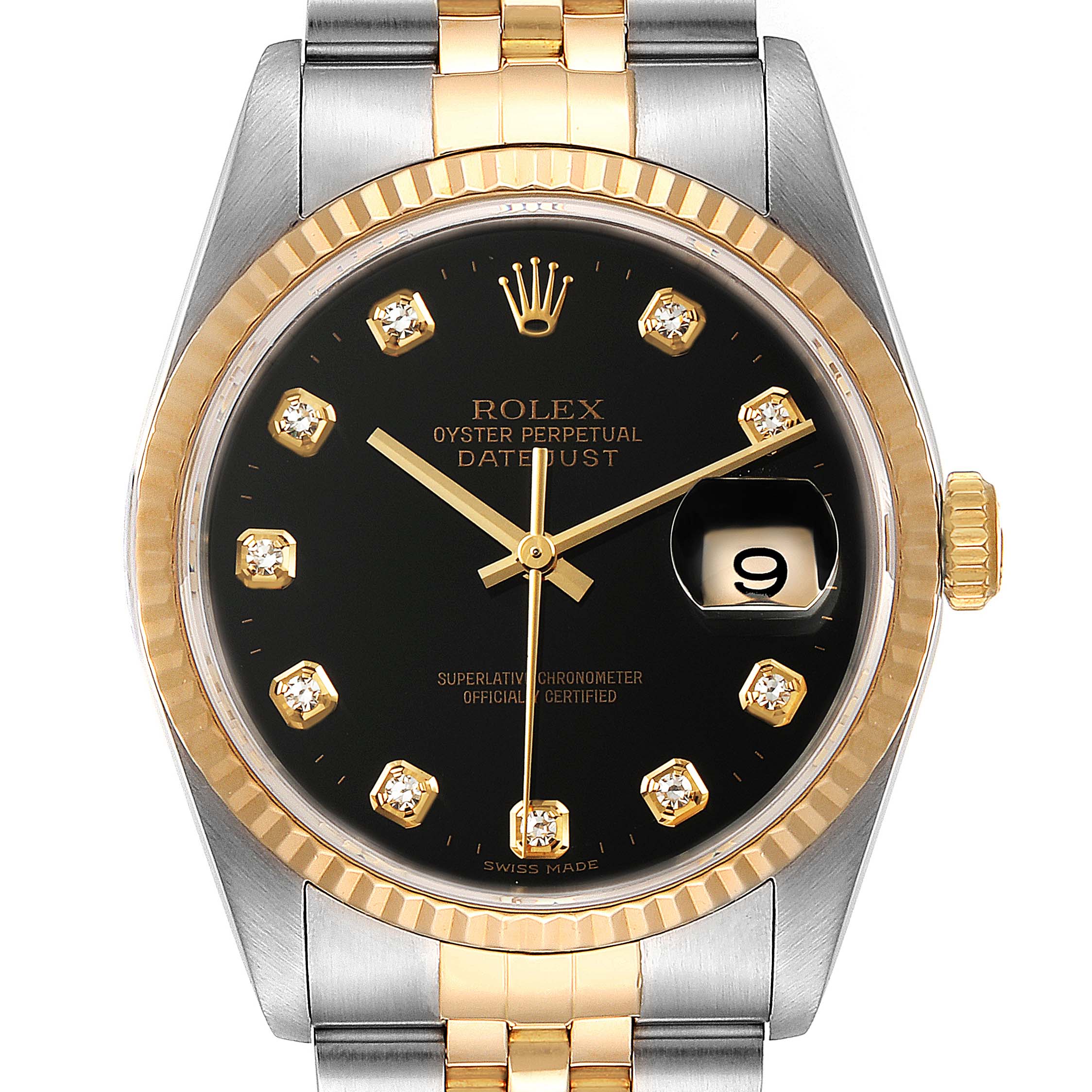 This is a front-facing view of a Rolex Datejust 16233 Men's Steel and Gold (two tone) Black Dial 16233 Men's Steel and Gold (two tone) Black Dial watch, showcasing the dial, bezel, crown, and part of the bracelet.