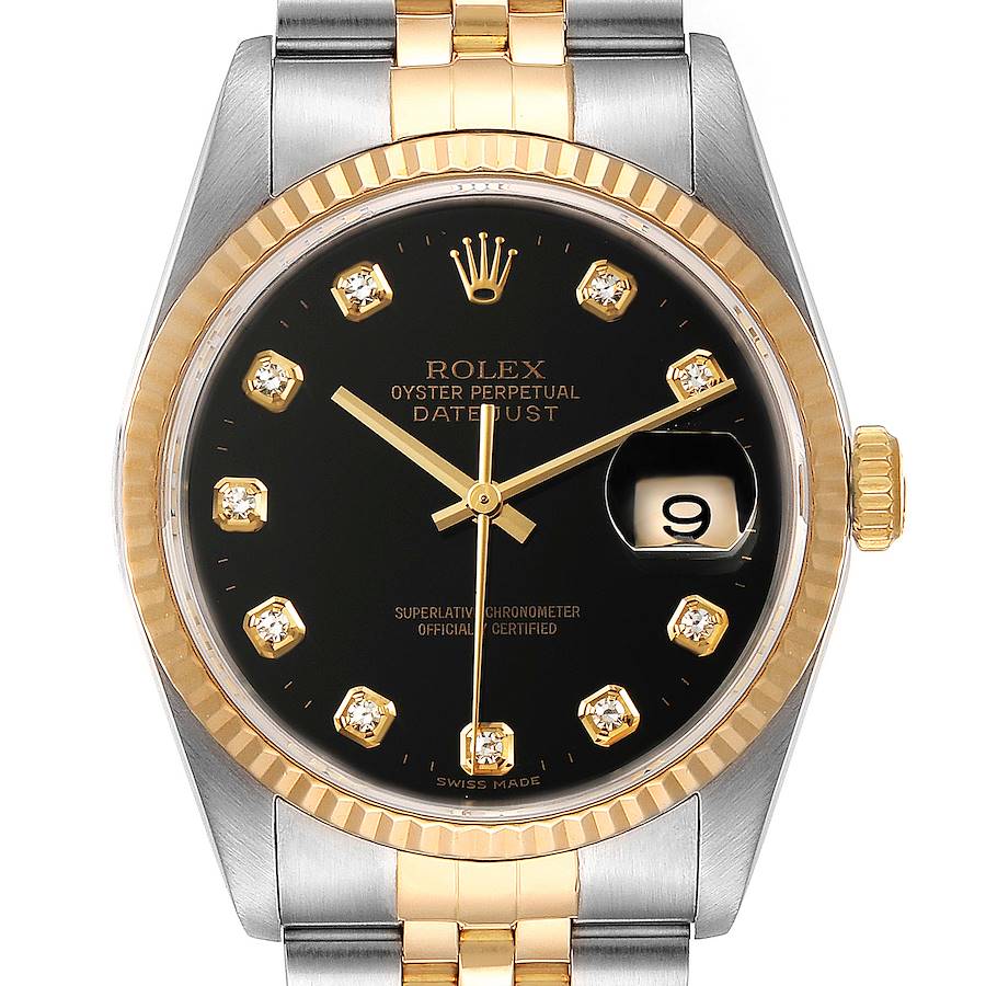 Rolex Datejust Steel Yellow Gold Black Diamond Mens Watch 16233 Box SwissWatchExpo