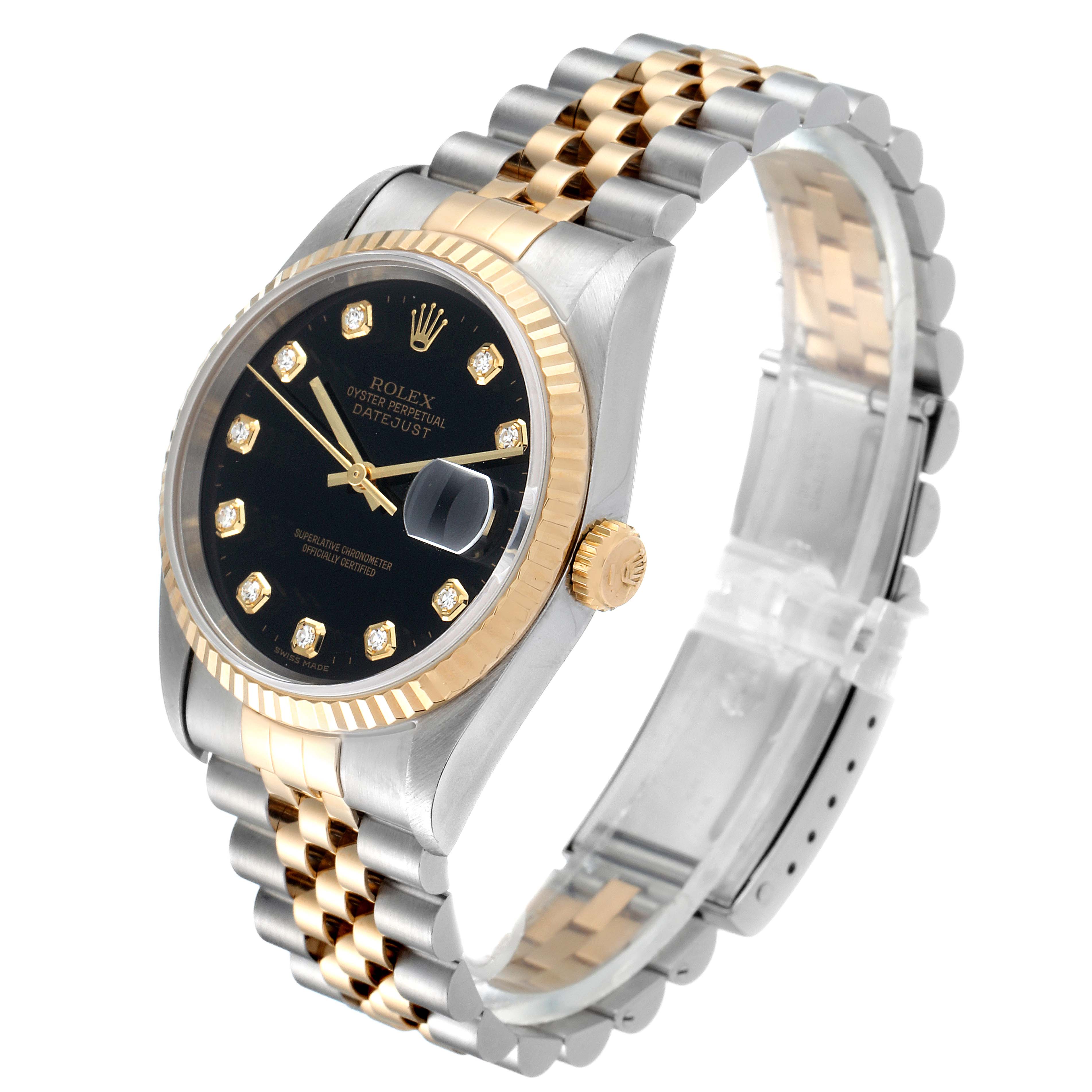 This Rolex Datejust 16233 Men's Steel and Gold (two tone) Black Dial 16233 Men's Steel and Gold (two tone) Black Dial watch is shown at an angle highlighting the face, bezel, crown, and bracelet.