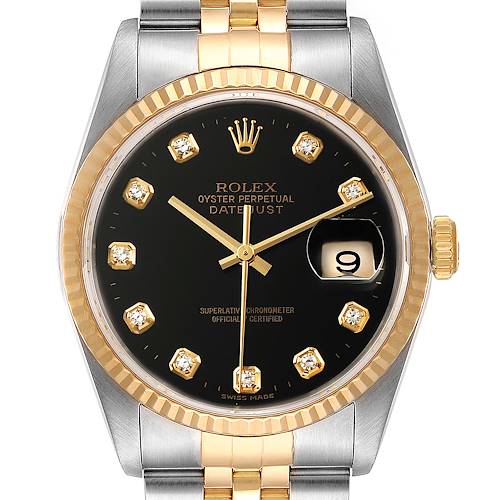 Photo of Rolex Datejust Steel Yellow Gold Black Diamond Mens Watch 16233 Box
