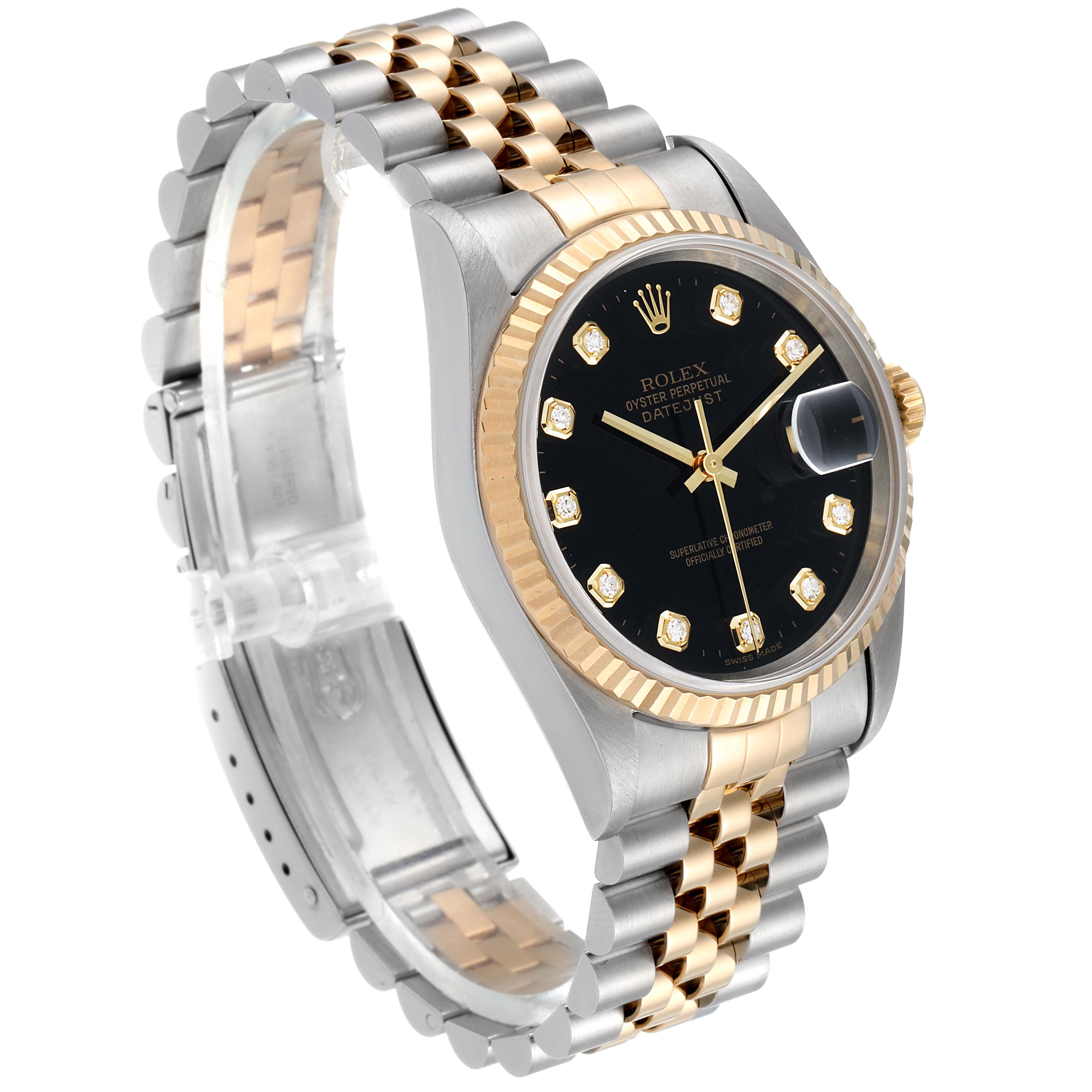 This image shows a side angle of a Rolex Datejust 16233 Men's Steel and Gold (two tone) Black Dial 16233 Men's Steel and Gold (two tone) Black Dial watch, highlighting the black dial, fluted bezel, and two-tone bracelet.