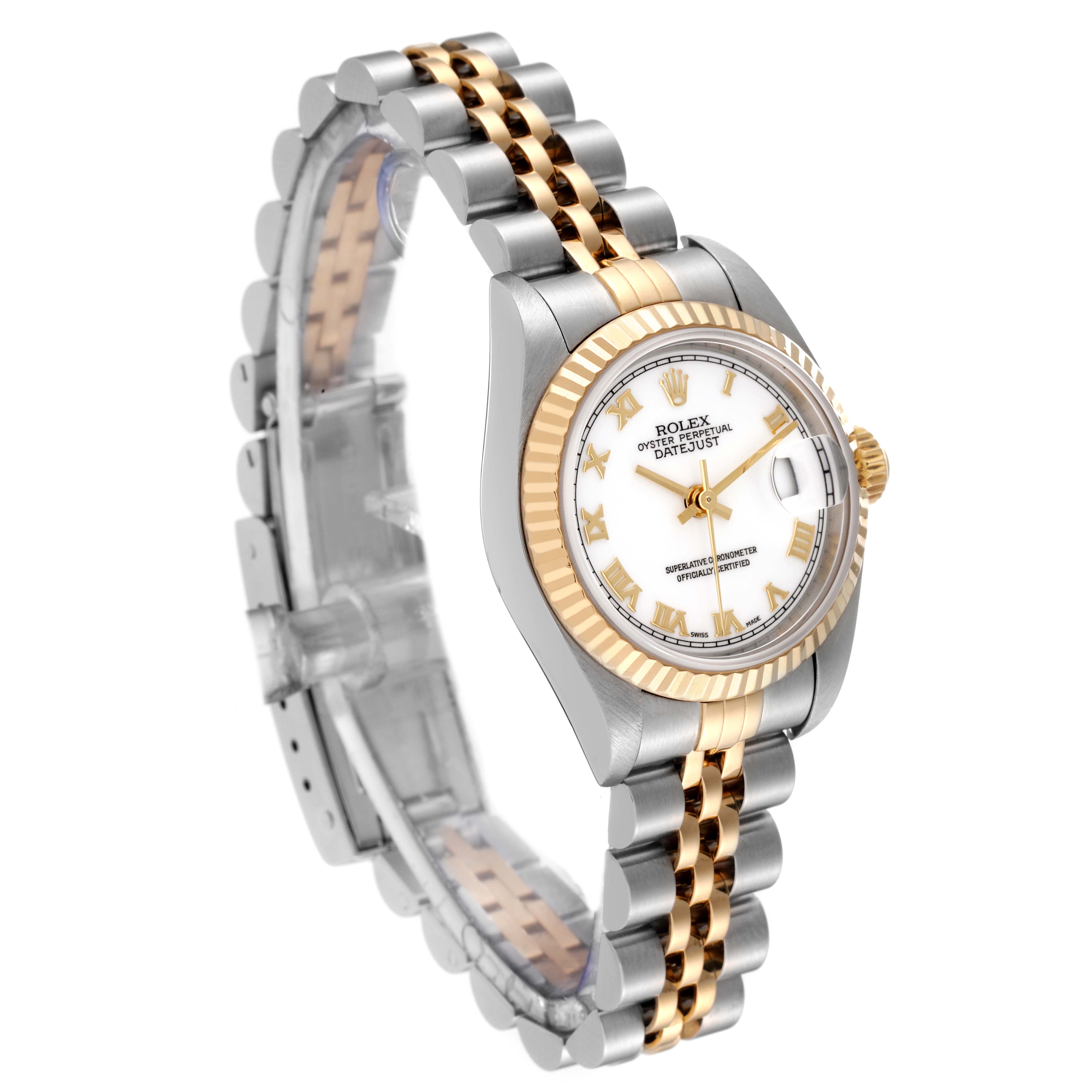 The Rolex Datejust 79173 Women's Steel and Gold (two tone) White Dial 79173 Women's Steel and Gold (two tone) White Dial watch is shown at an angled view, highlighting its two-tone bracelet, fluted bezel, crown, and dial.