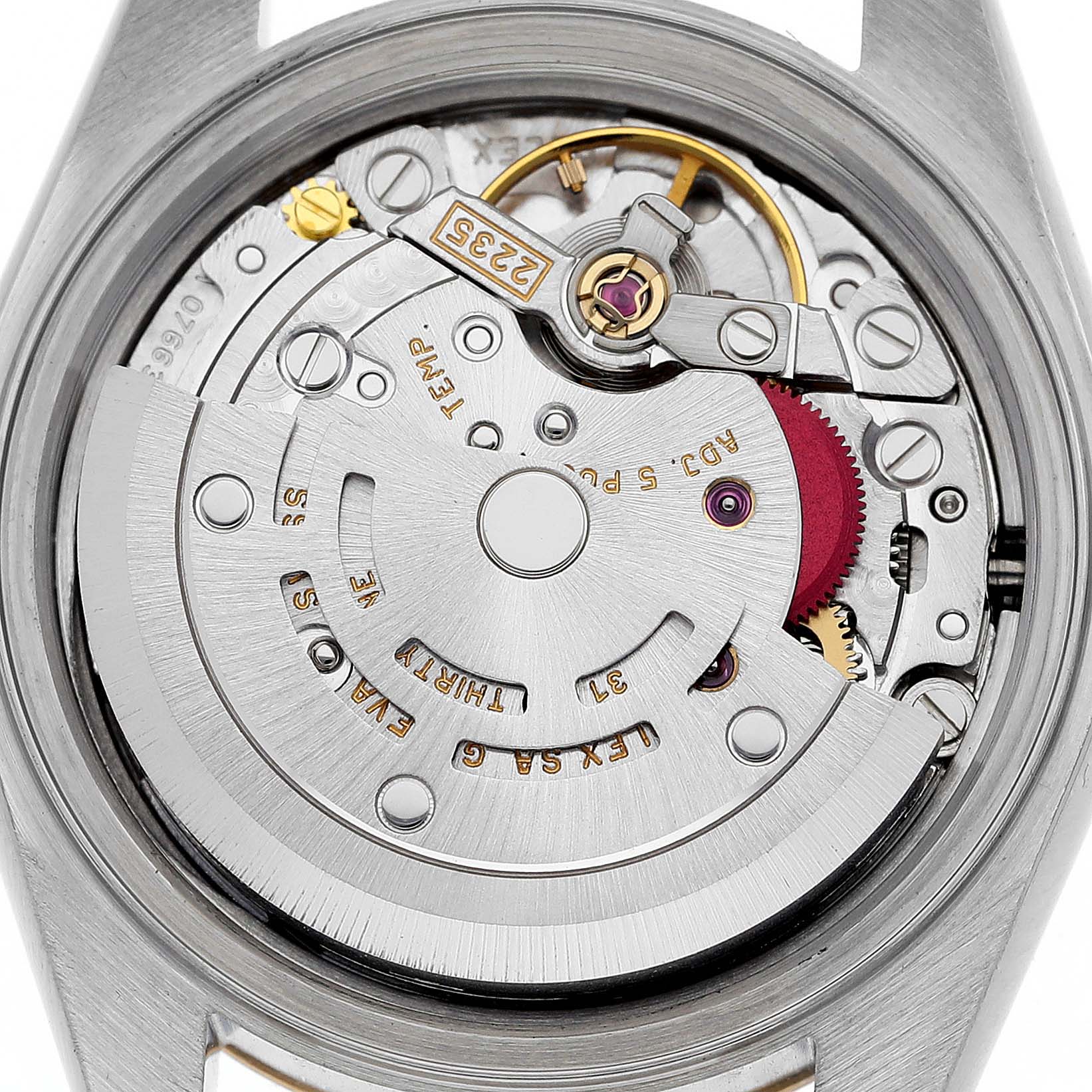 The image shows the internal mechanism of a Rolex Datejust 79173 Women's Steel and Gold (two tone) White Dial 79173 Women's Steel and Gold (two tone) White Dial watch viewed from the back, including the rotor and other movement components.