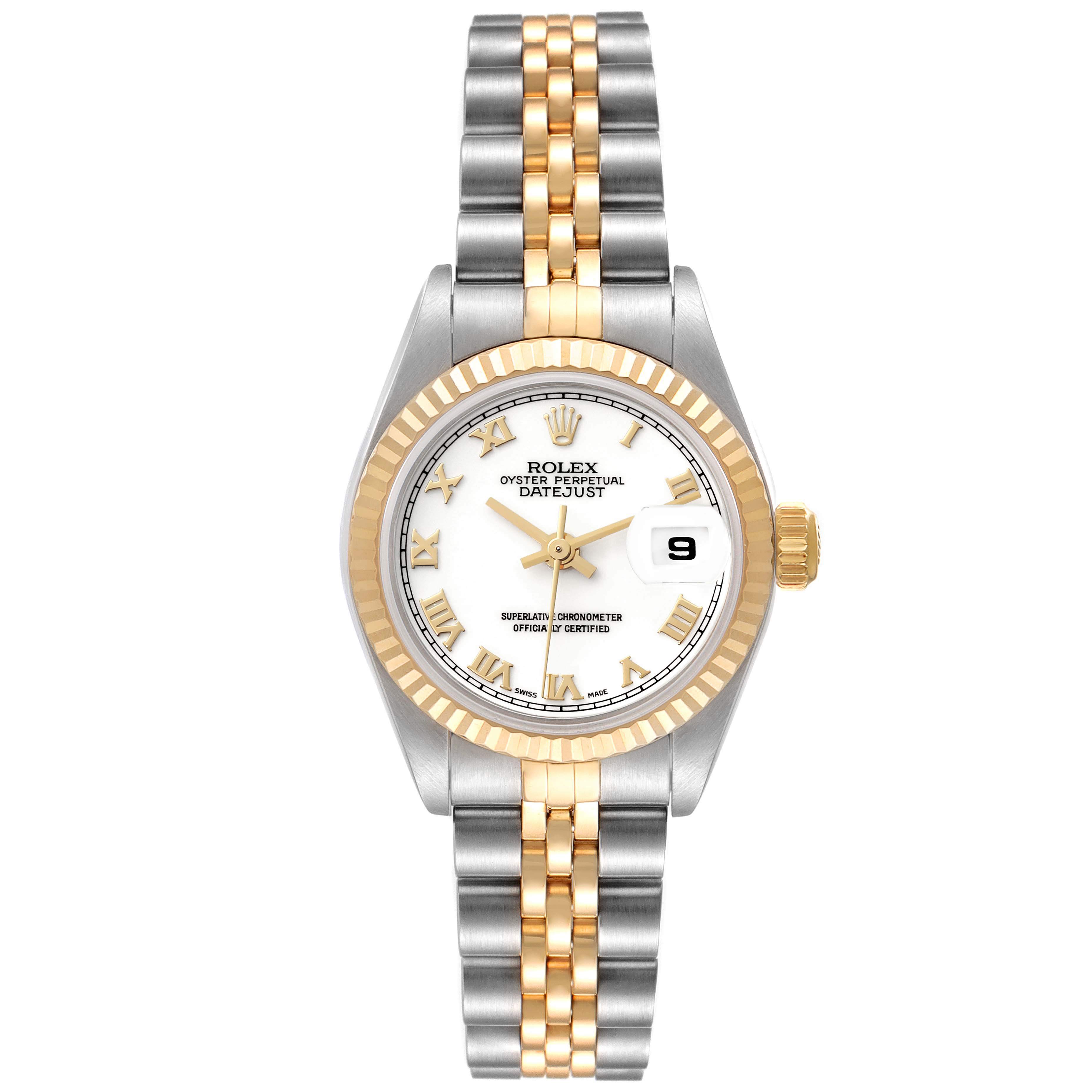 This is a front view of a Rolex Datejust 79173 Women's Steel and Gold (two tone) White Dial 79173 Women's Steel and Gold (two tone) White Dial watch displaying the dial, bezel, and two-tone bracelet.