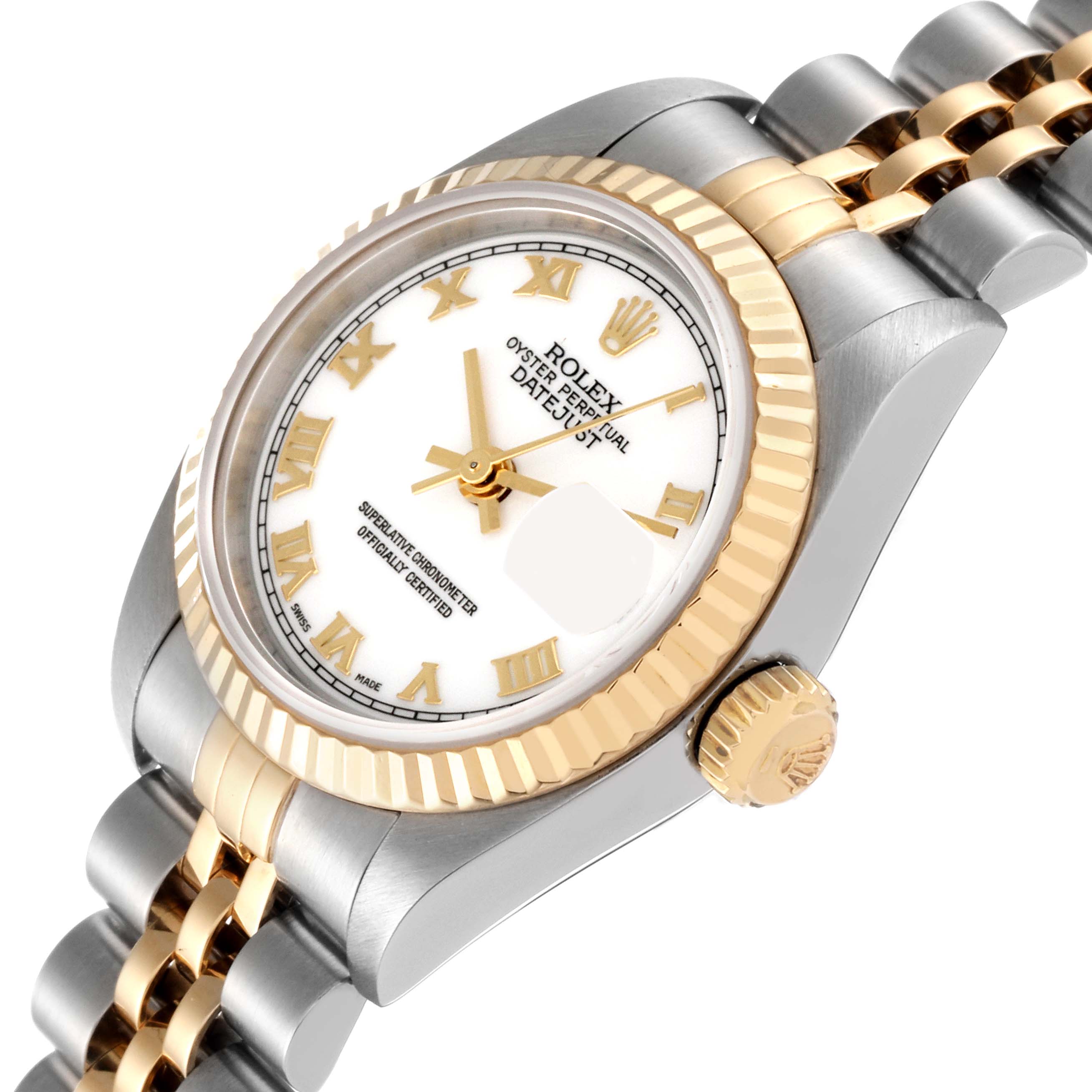 The Rolex Datejust 79173 Women's Steel and Gold (two tone) White Dial 79173 Women's Steel and Gold (two tone) White Dial watch is displayed at an angle showing the face, fluted bezel, crown, and part of the steel and gold bracelet.