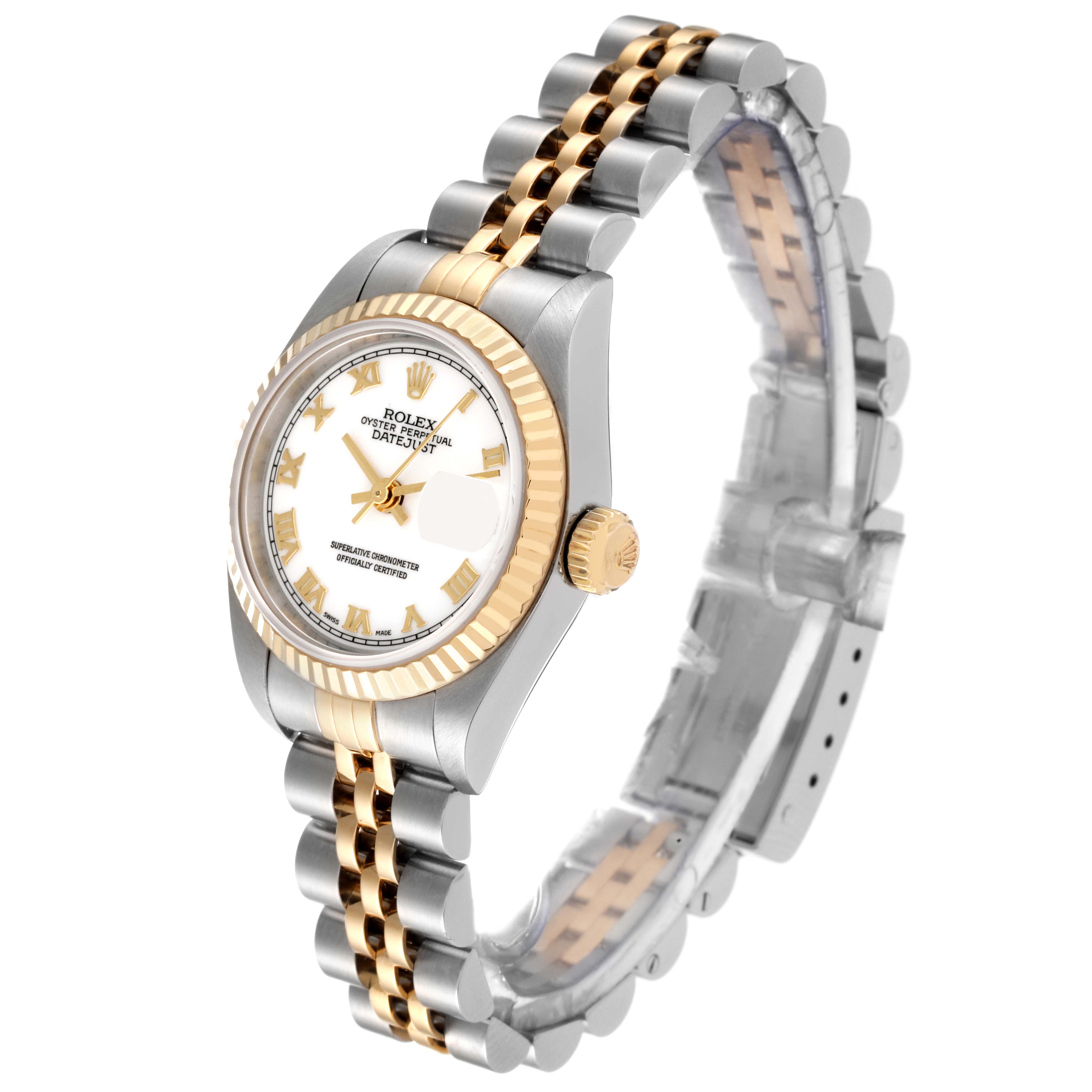 The image shows a Rolex Datejust 79173 Women's Steel and Gold (two tone) White Dial 79173 Women's Steel and Gold (two tone) White Dial watch from a slight side angle, highlighting its dial, bezel, crown, and two-tone bracelet.