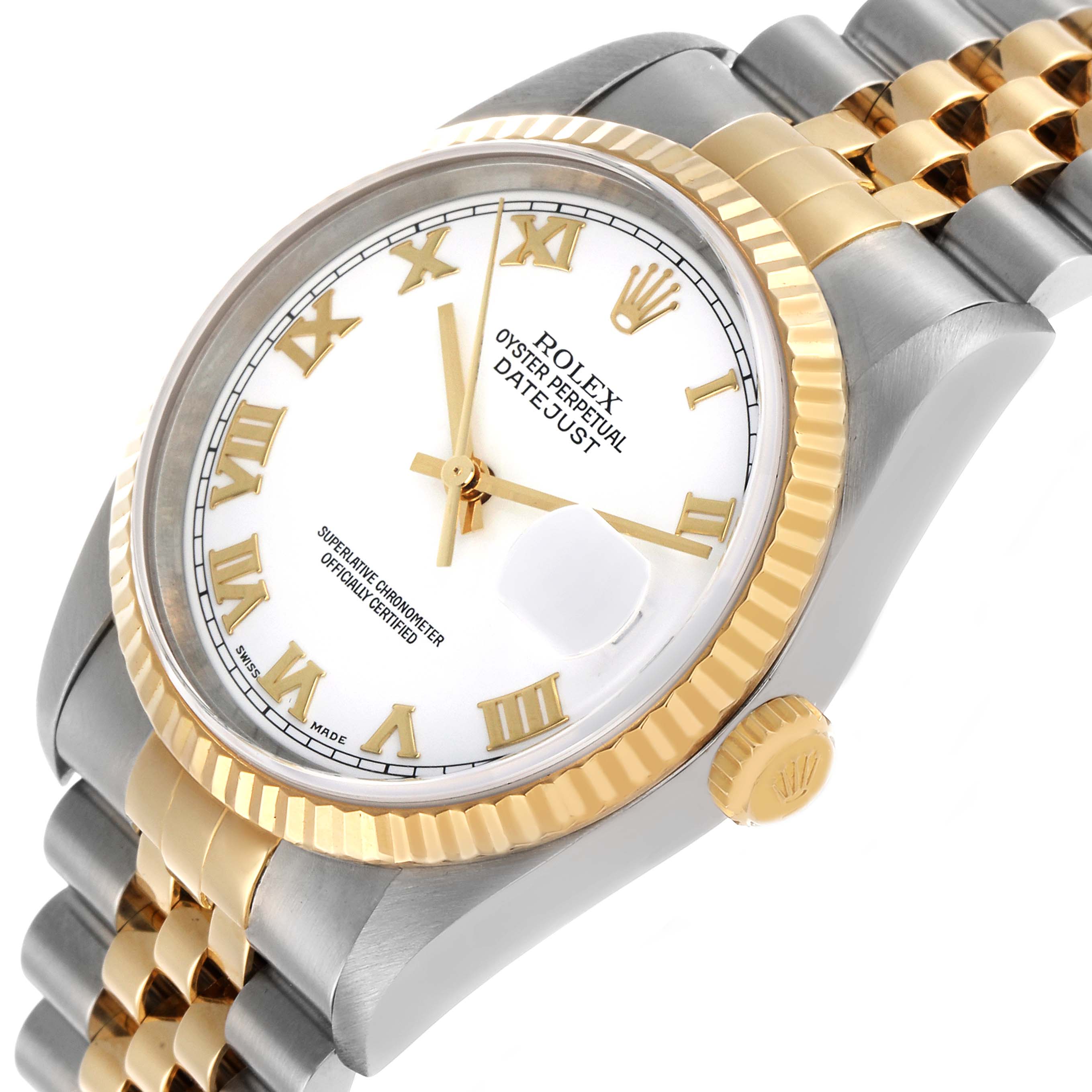 The Rolex Datejust 16233 Men's Steel and Gold (two tone) White Dial is shown at a slightly tilted angle, highlighting the case, fluted bezel, crown, and part of the Jubilee bracelet.