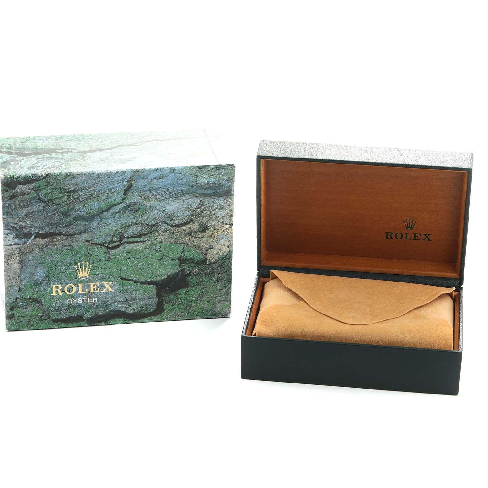 The image shows the open box and outer packaging for a Rolex Datejust 16233 Men's Steel and Gold (two tone) White Dial watch, without the watch visible.