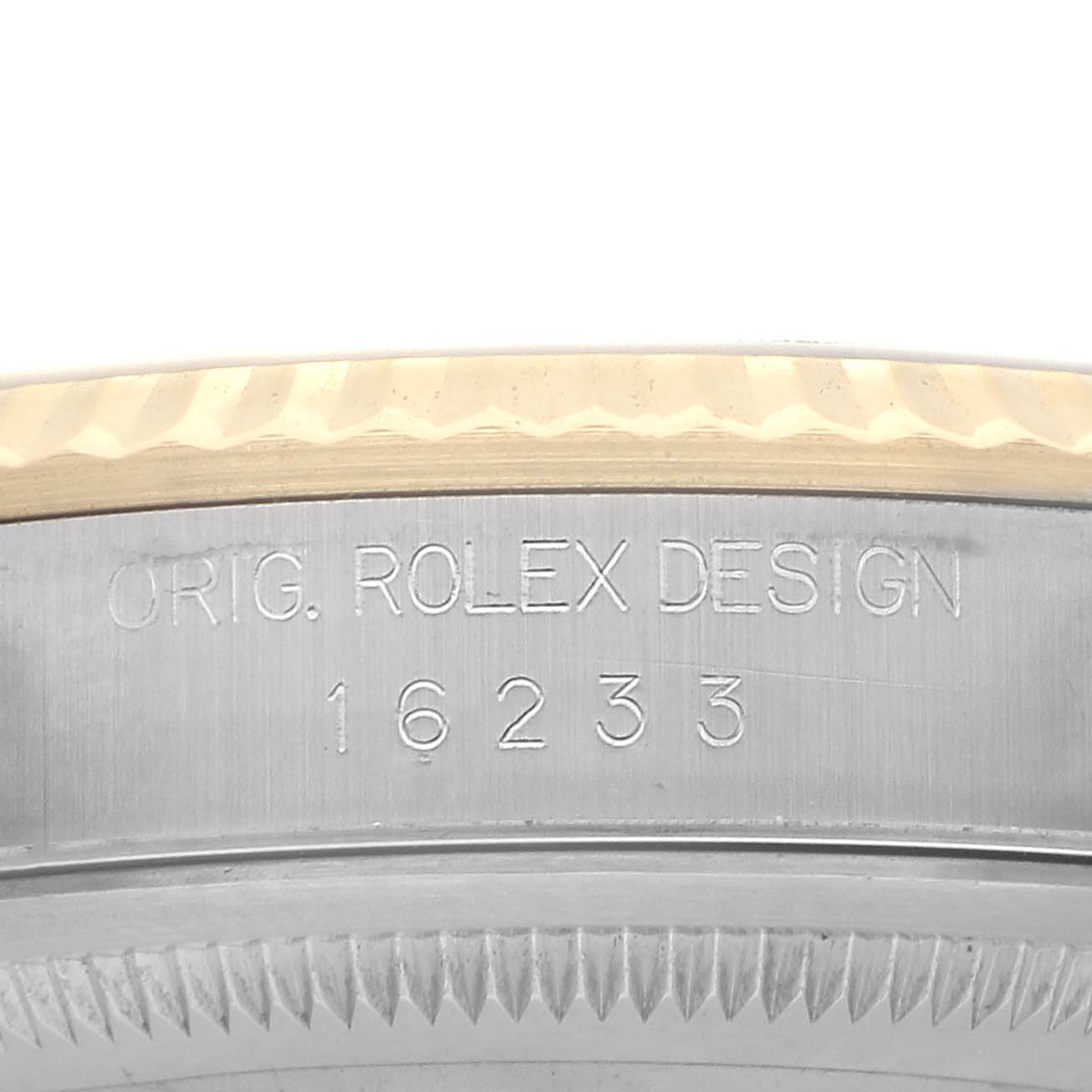 The image shows a close-up of the case side of a Rolex Datejust 16233 Men's Steel and Gold (two tone) White Dial, displaying the model number and "Orig. Rolex Design" engraving.