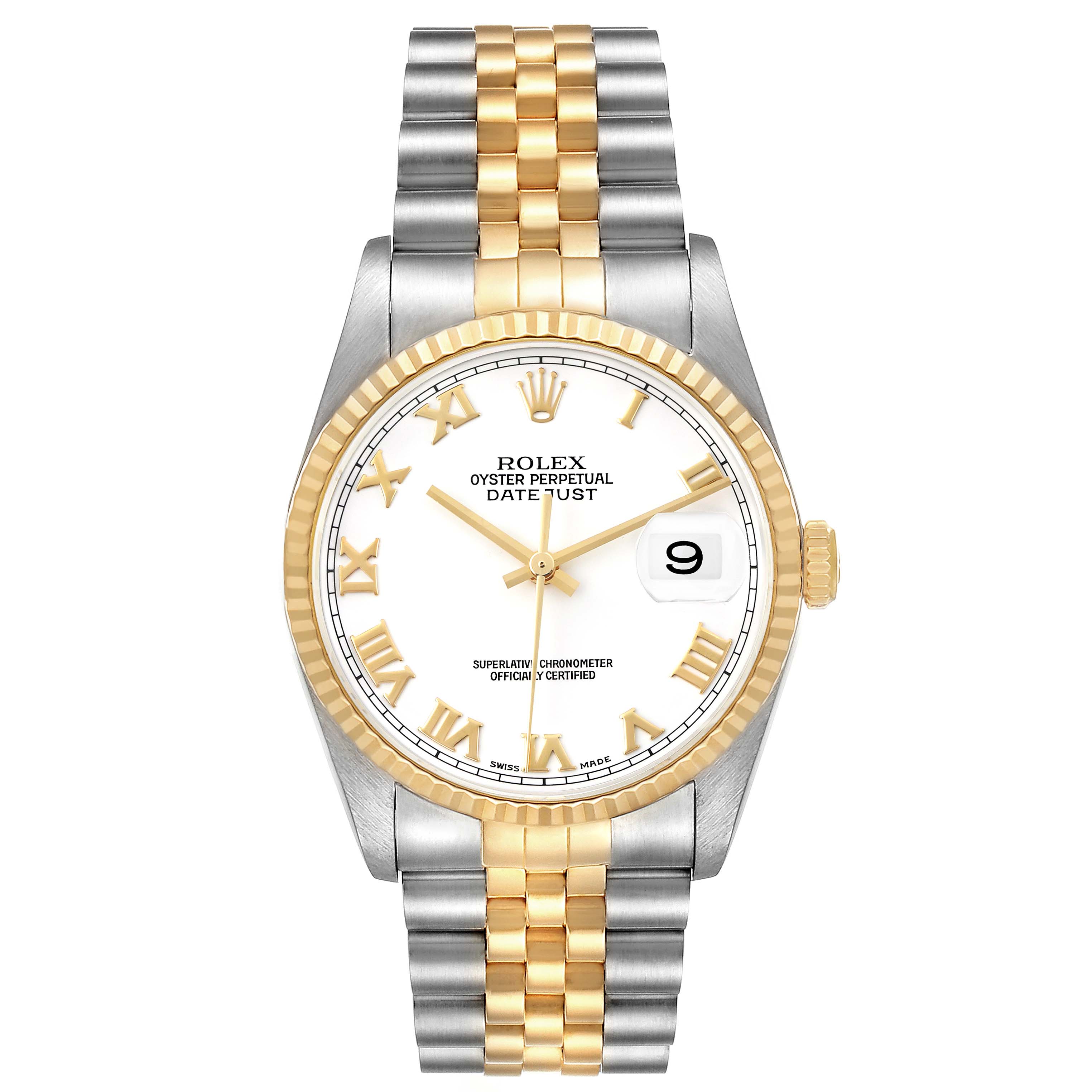 The Rolex Datejust 16233 Men's Steel and Gold (two tone) White Dial watch is shown from a top-down angle, displaying the face, bezel, dial, and bracelet.