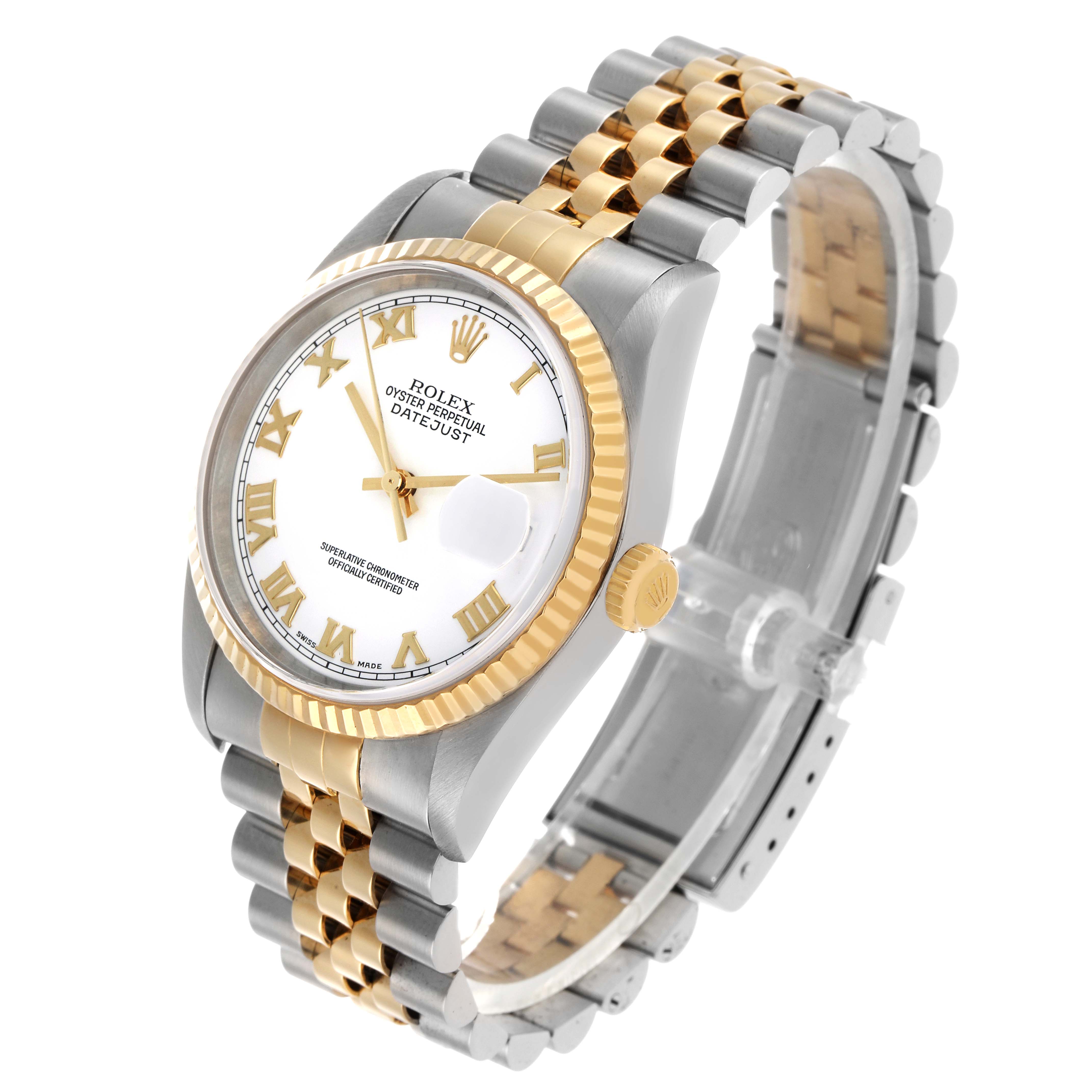 The Rolex Datejust 16233 Men's Steel and Gold (two tone) White Dial watch is shown at an angled side view, displaying the dial, bezel, crown, and bracelet.