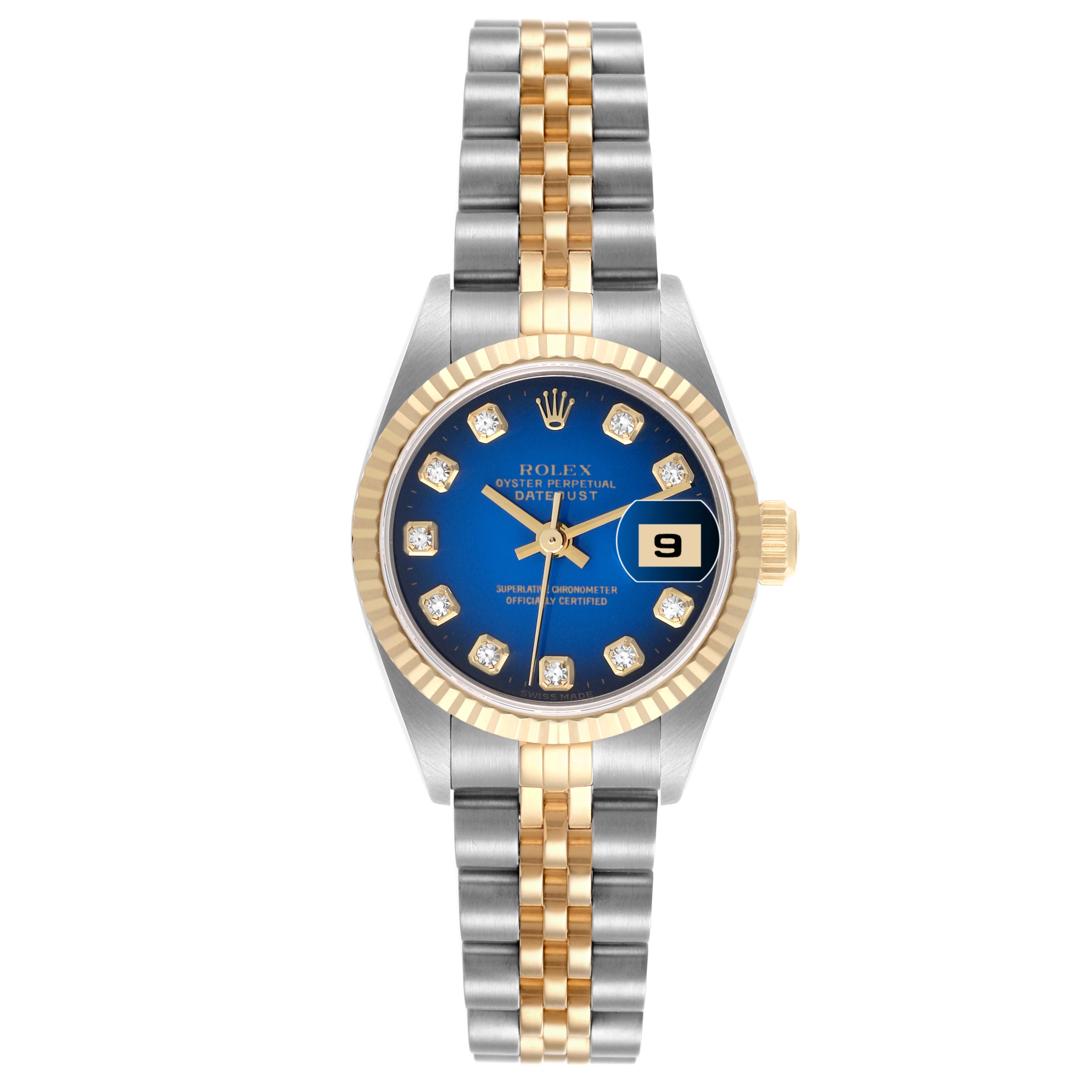 The Rolex Datejust 69173 Women's Steel and Gold (two tone) Blue Dial 69173 Women's Steel and Gold (two tone) Blue Dial watch is shown from a top-down angle, highlighting the dial, bezel, and bracelet.