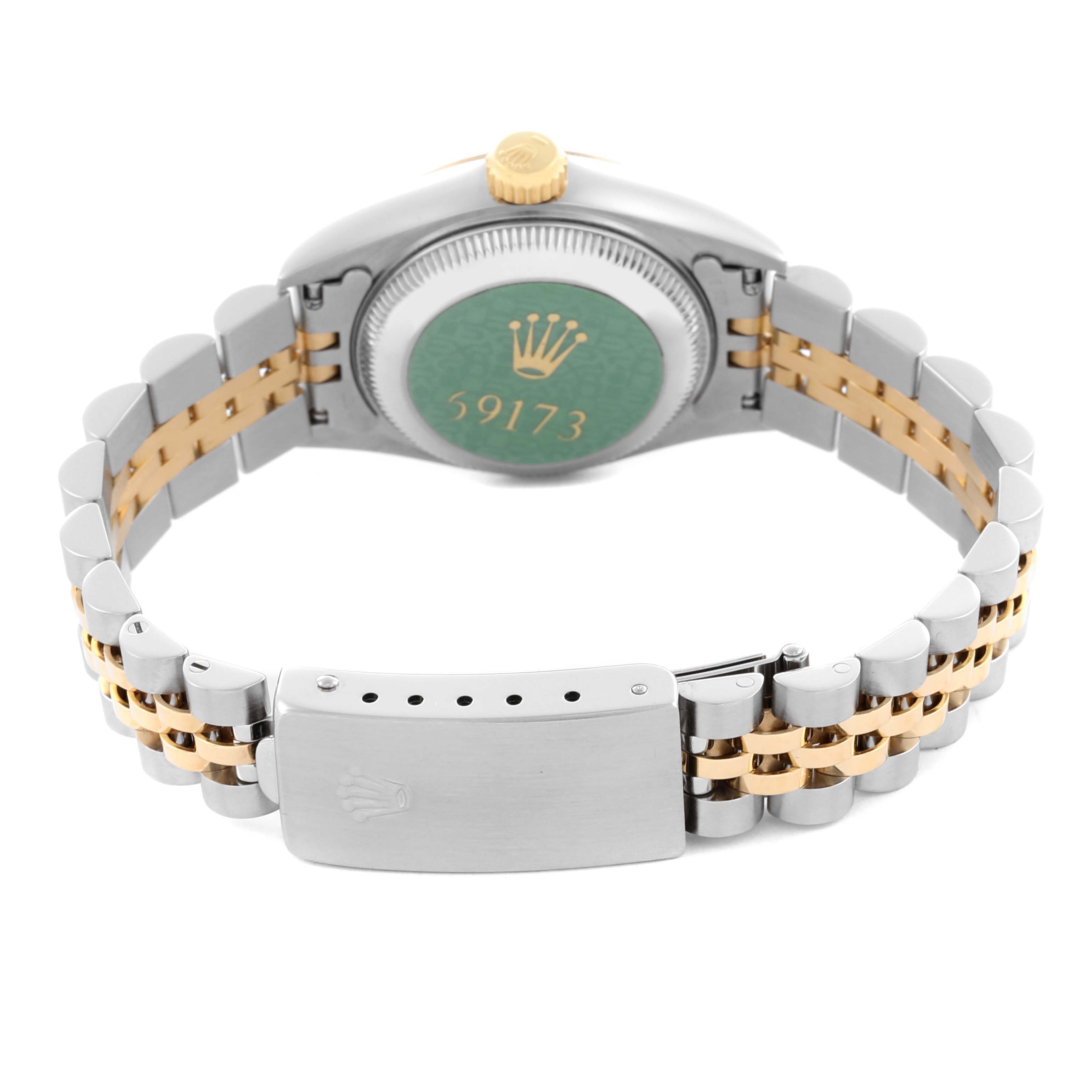 The image shows the back case and bracelet clasp of a Rolex Datejust 69173 Women's Steel and Gold (two tone) Blue Dial 69173 Women's Steel and Gold (two tone) Blue Dial watch from a rear angle.
