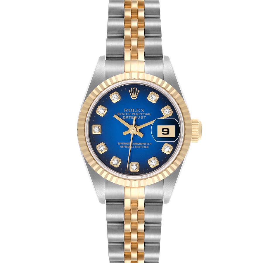 The Rolex Datejust watch is shown from a front angle, highlighting the face, bezel, and part of the bracelet.