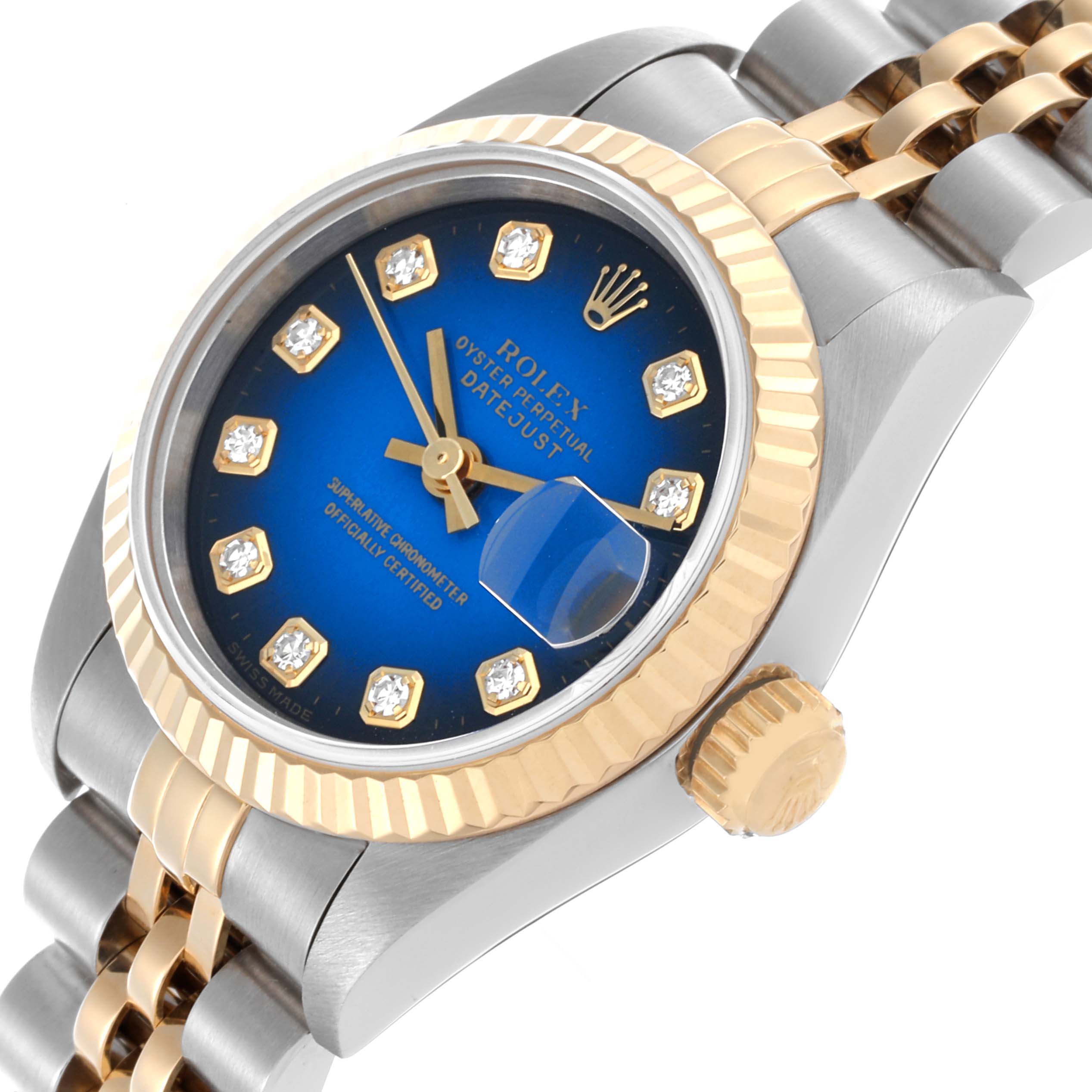 The Rolex Datejust 69173 Women's Steel and Gold (two tone) Blue Dial 69173 Women's Steel and Gold (two tone) Blue Dial is shown from an angled view highlighting the blue dial, diamond markers, bezel, crown, and part of the bracelet.