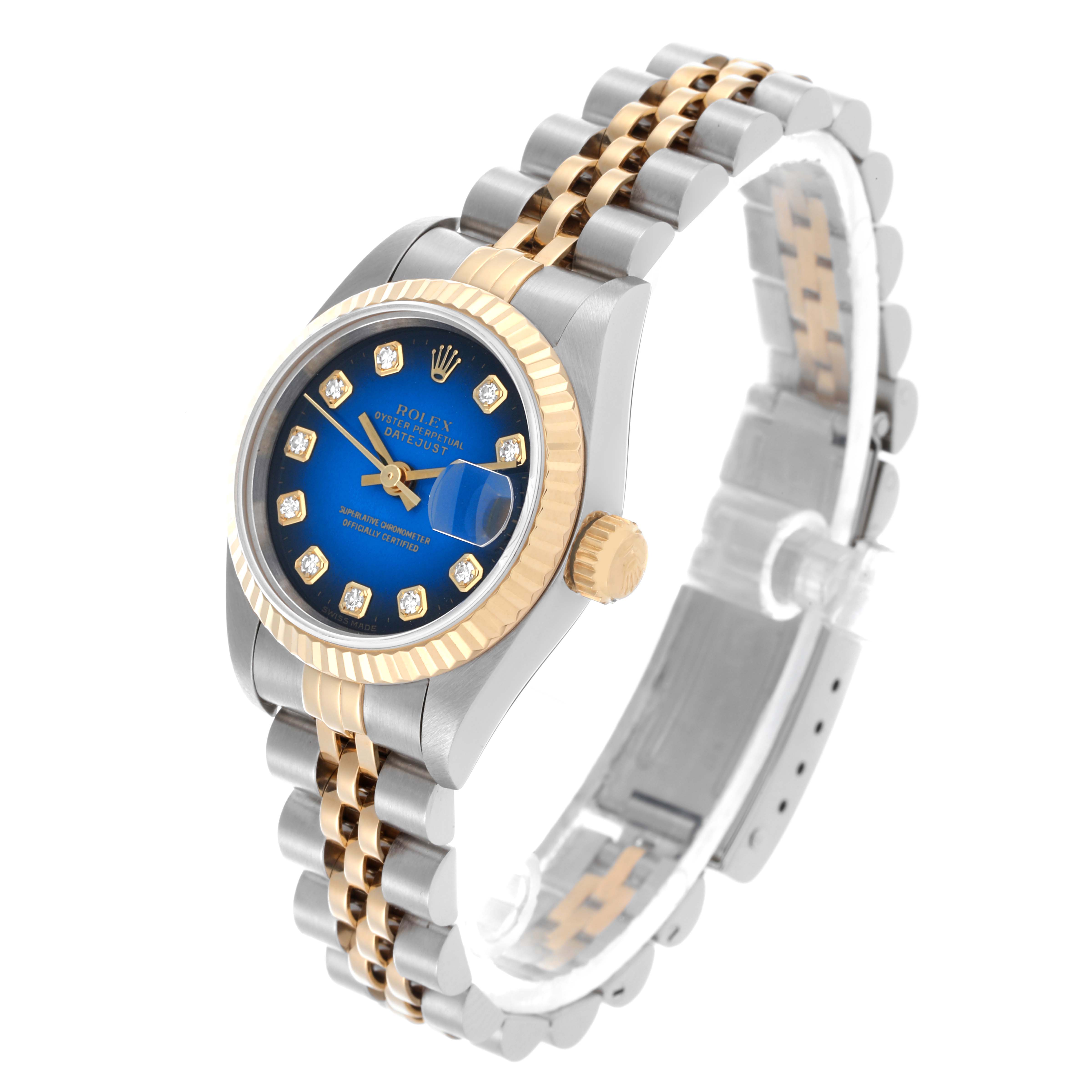 The Rolex Datejust 69173 Women's Steel and Gold (two tone) Blue Dial 69173 Women's Steel and Gold (two tone) Blue Dial watch is shown at an angle highlighting the dial, bezel, crown, and two-tone bracelet.