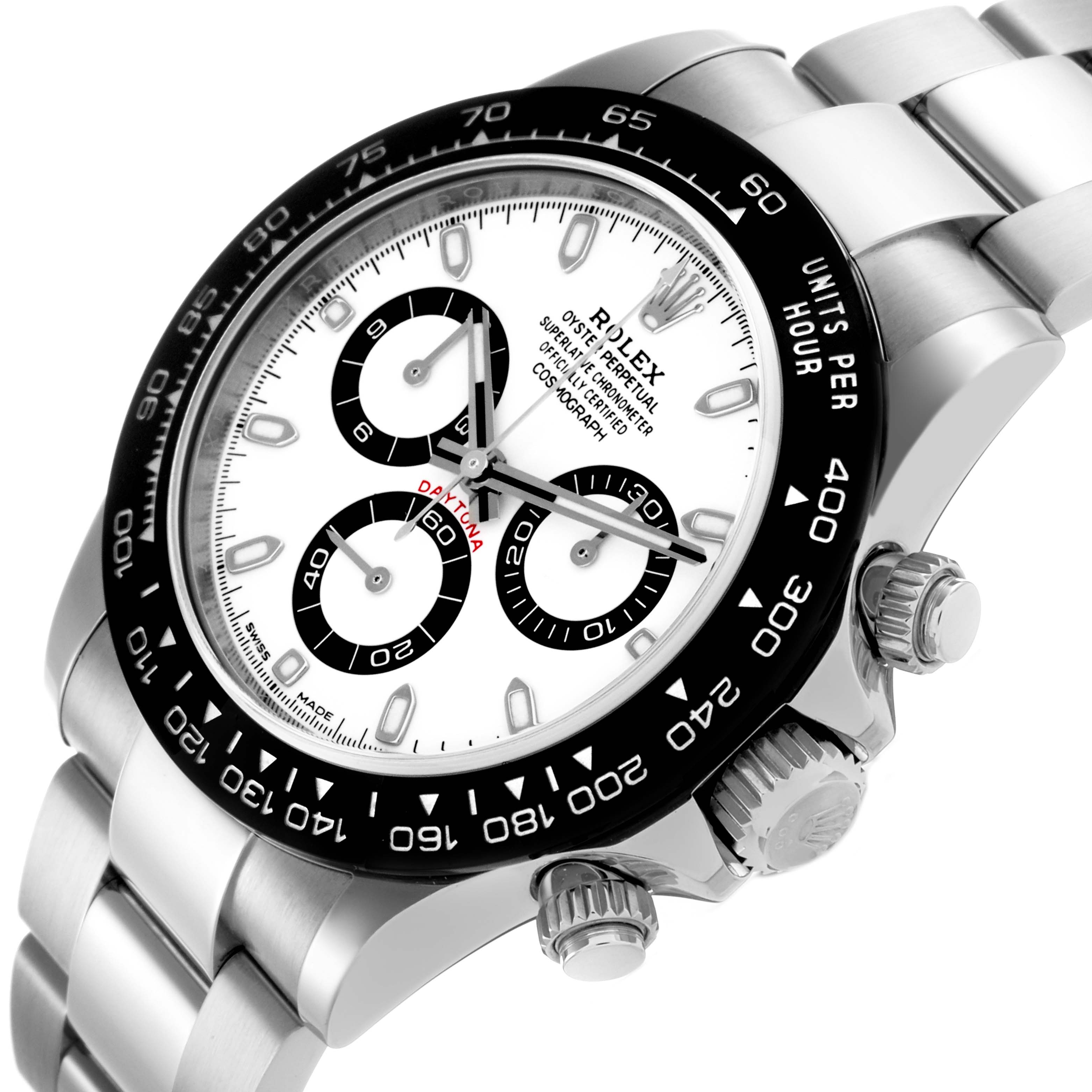 The image shows a Rolex Daytona 116500LN Men's Stainless Steel White Dial 116500LN Men's Stainless Steel White Dial watch at an angled view, highlighting the bezel, chronograph dials, and crown.