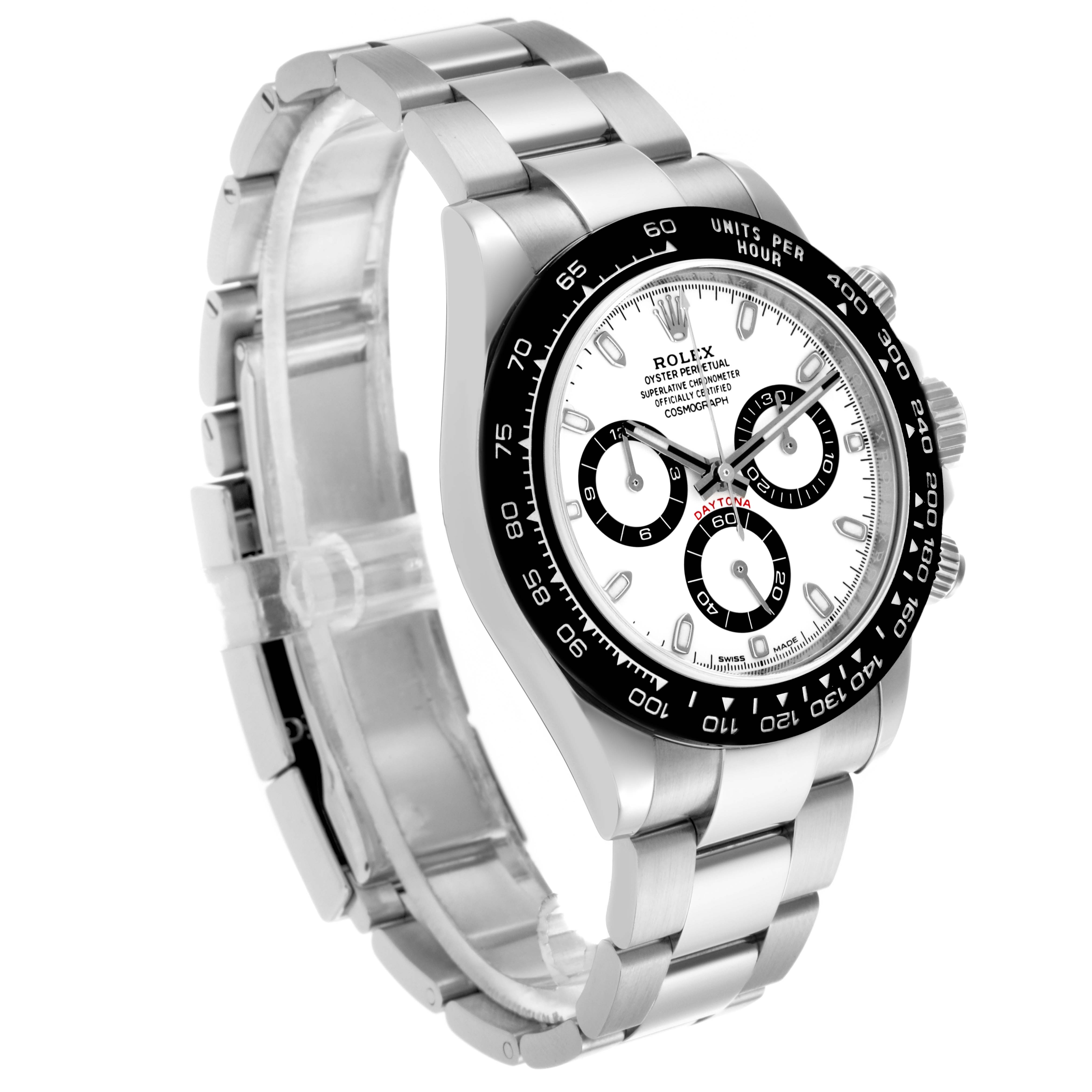 The Rolex Daytona 116500LN Men's Stainless Steel White Dial 116500LN Men's Stainless Steel White Dial watch is shown at three-quarter angle, displaying the face, bezel, side pushers, and part of the bracelet.