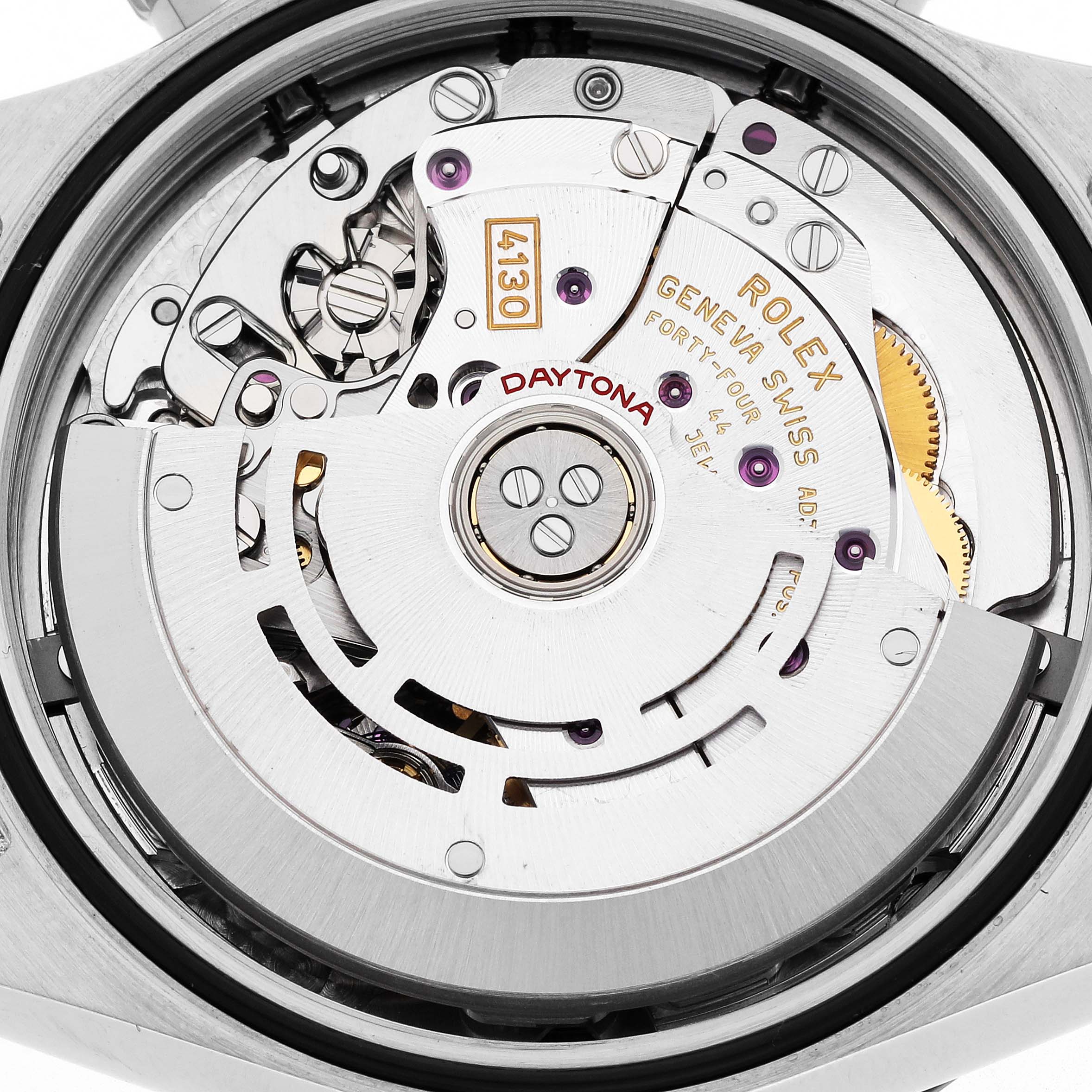 The image shows the back view of a Rolex Daytona 116500LN Men's Stainless Steel White Dial 116500LN Men's Stainless Steel White Dial, highlighting its internal movement parts and rotor.