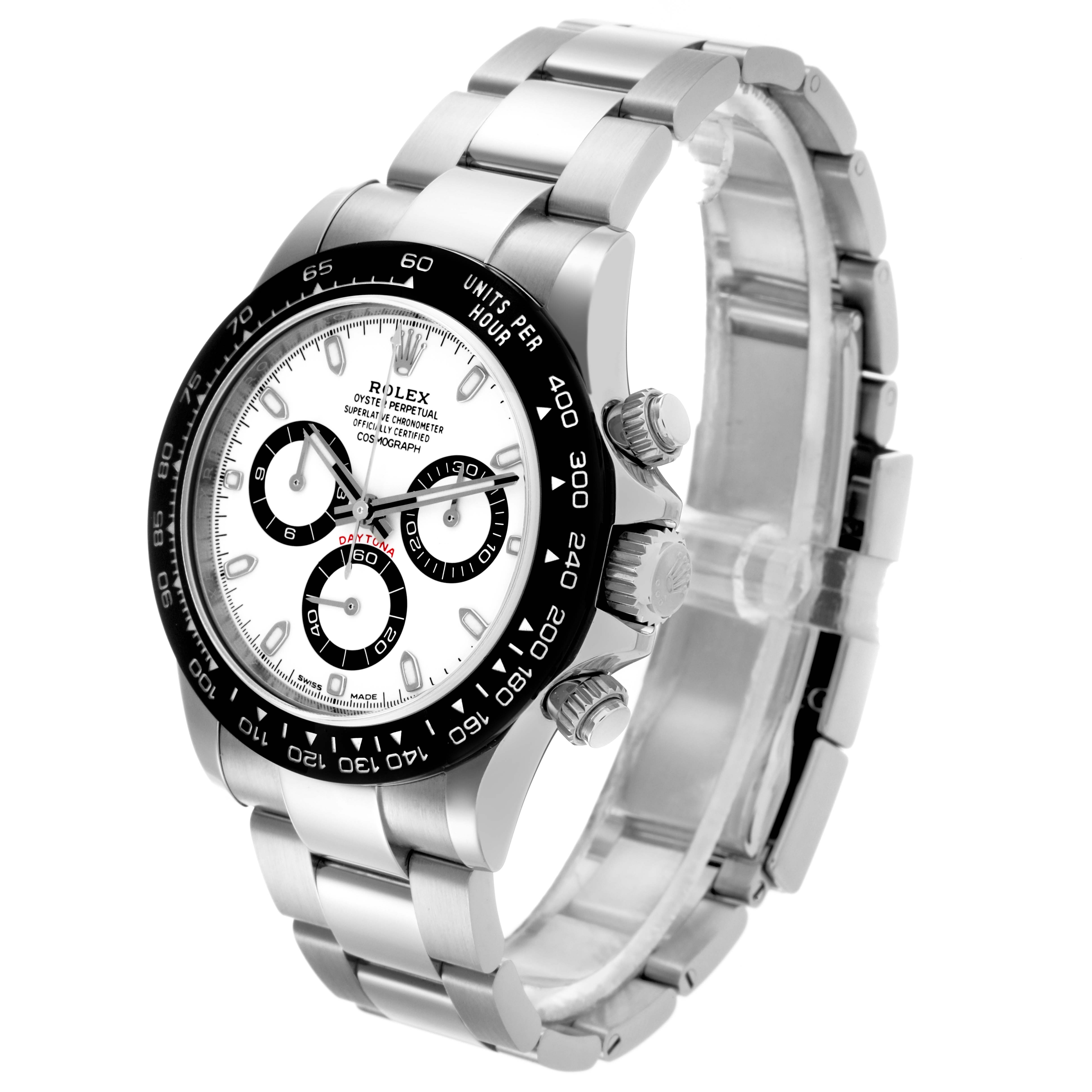 The Rolex Daytona 116500LN Men's Stainless Steel White Dial 116500LN Men's Stainless Steel White Dial watch is shown at a three-quarter angle, highlighting the dial, bezel, and bracelet.