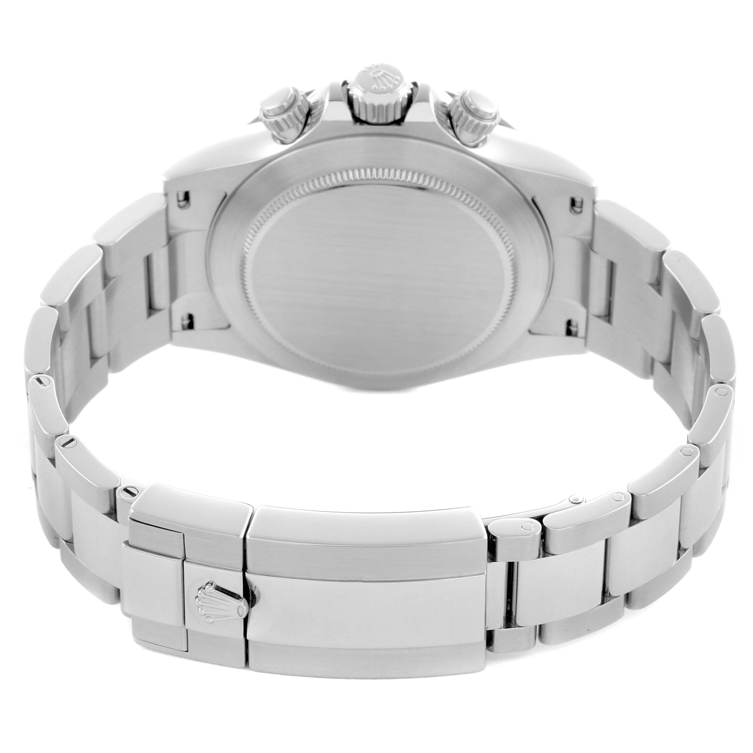 The image shows the backside and clasp of the Rolex Daytona 116500LN Men's Stainless Steel White Dial 116500LN Men's Stainless Steel White Dial watch, highlighting the bracelet and case back.