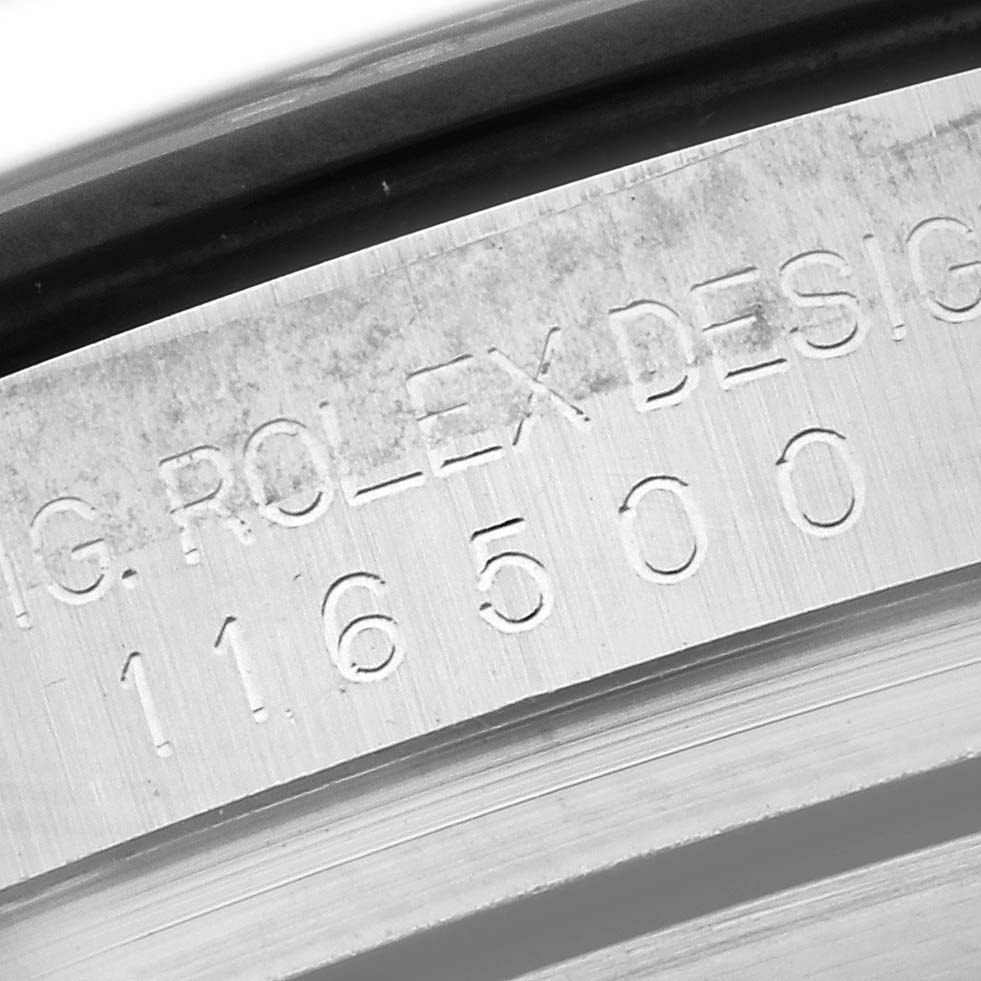 The image shows a close-up of the Rolex Daytona 116500LN Men's Stainless Steel White Dial 116500LN Men's Stainless Steel White Dial model's case engraving with the model number.