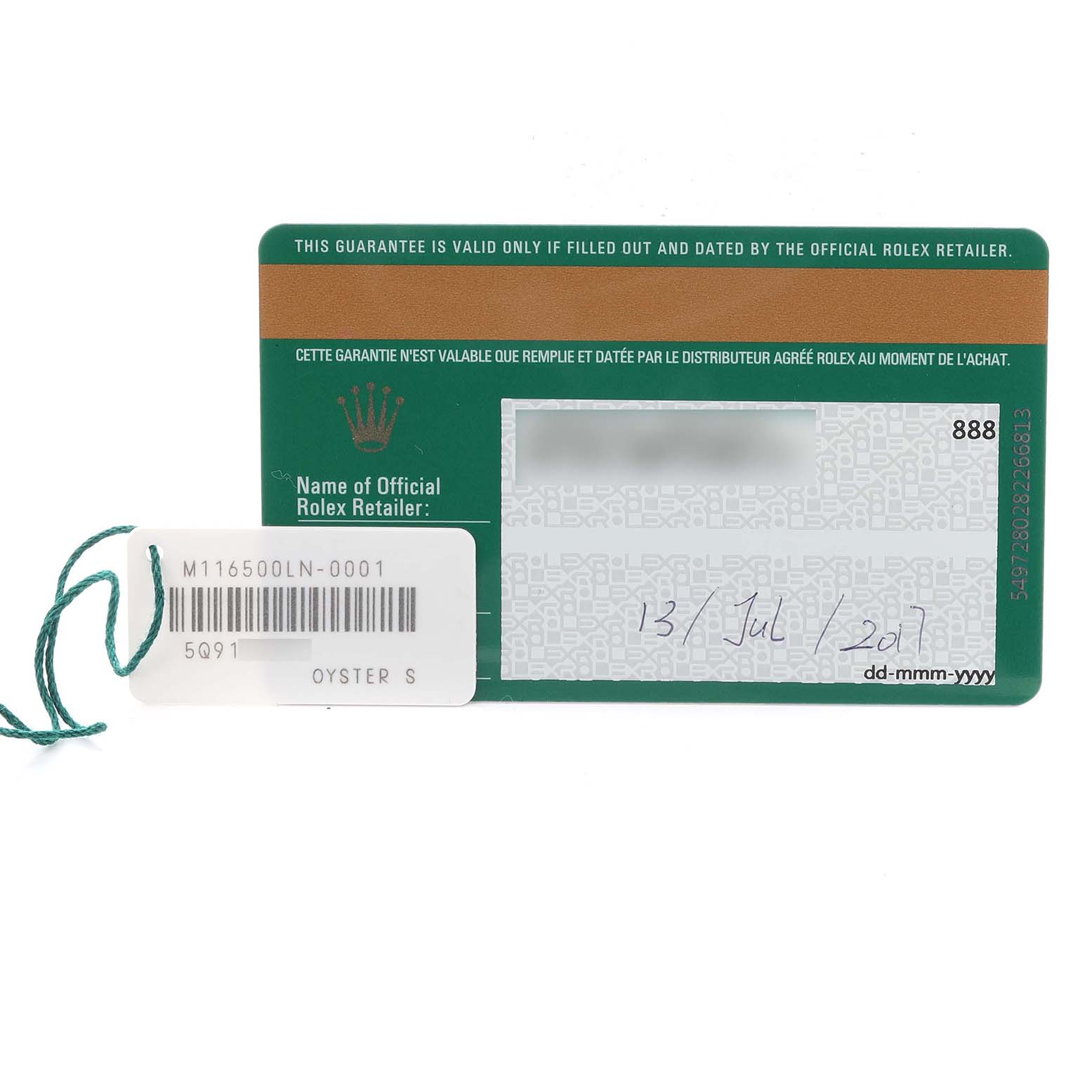 The image shows a warranty card and a tag for a Rolex Daytona 116500LN Men's Stainless Steel White Dial 116500LN Men's Stainless Steel White Dial watch, model M116500LN.