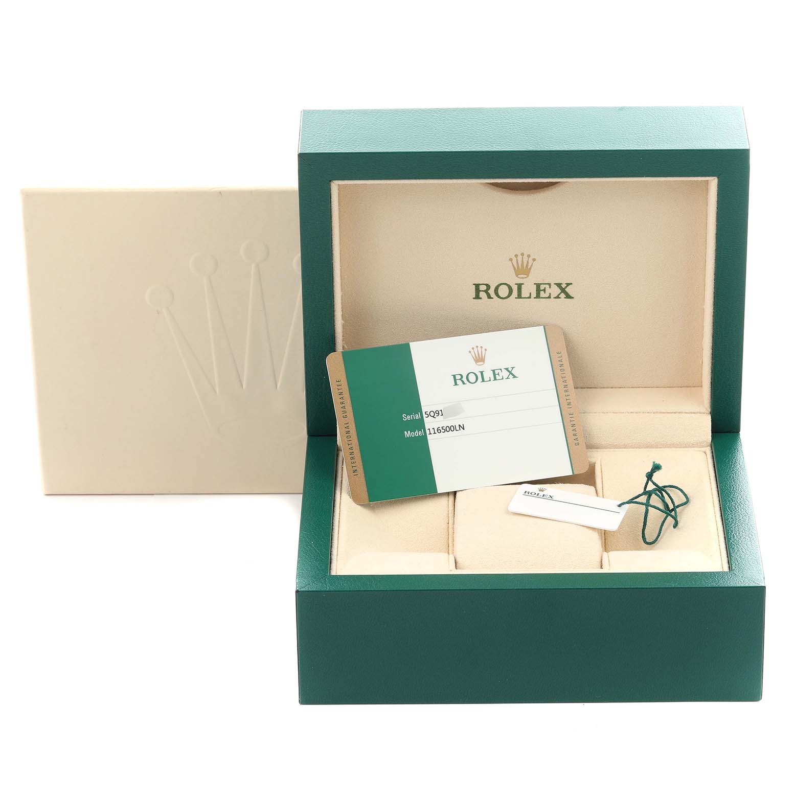 The image shows a Rolex Daytona 116500LN Men's Stainless Steel White Dial 116500LN Men's Stainless Steel White Dial watch box open with a warranty card and a tag inside.