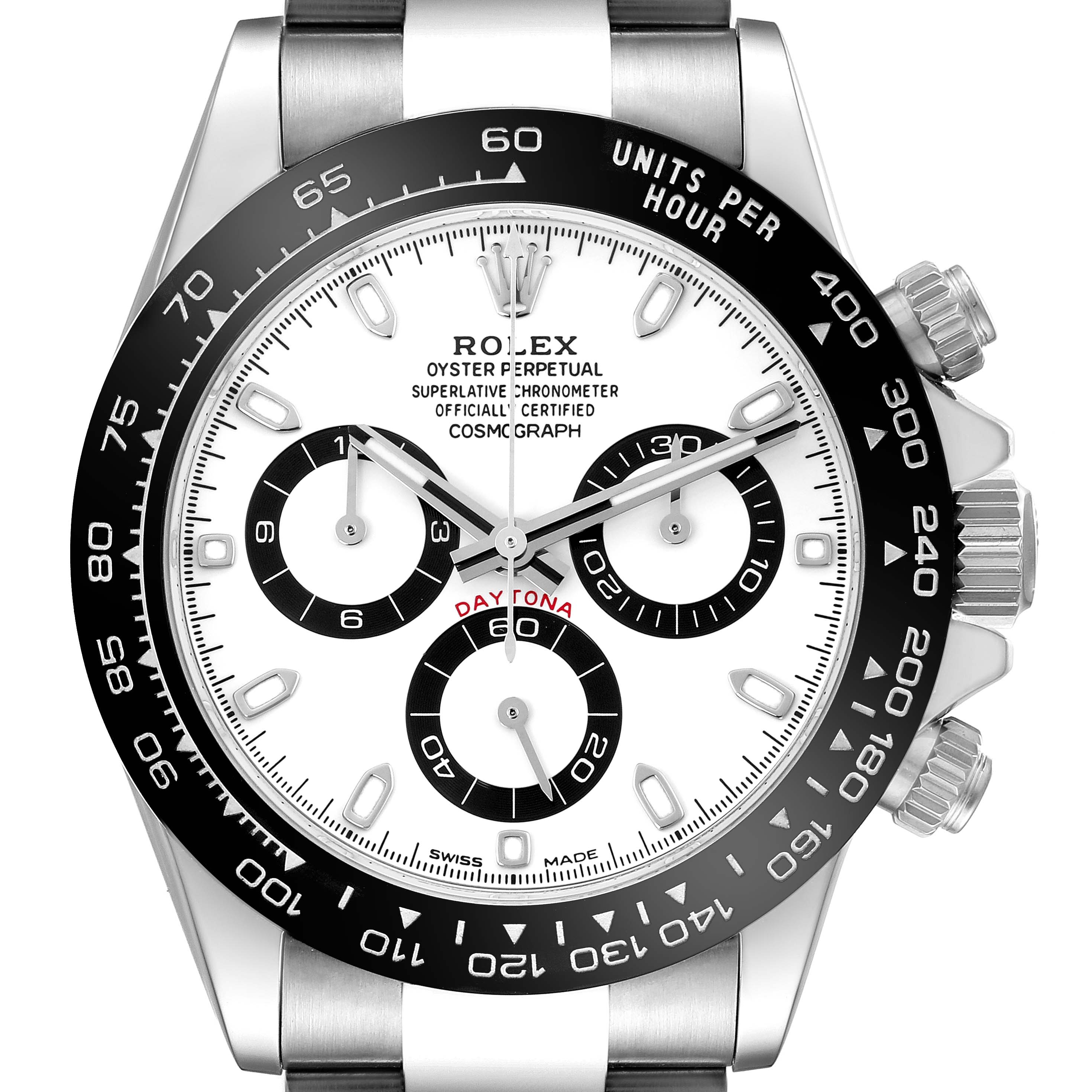 The Rolex Daytona 116500LN Men's Stainless Steel White Dial 116500LN Men's Stainless Steel White Dial watch is shown from a frontal angle, highlighting the dial, bezel, and chronograph subdials.