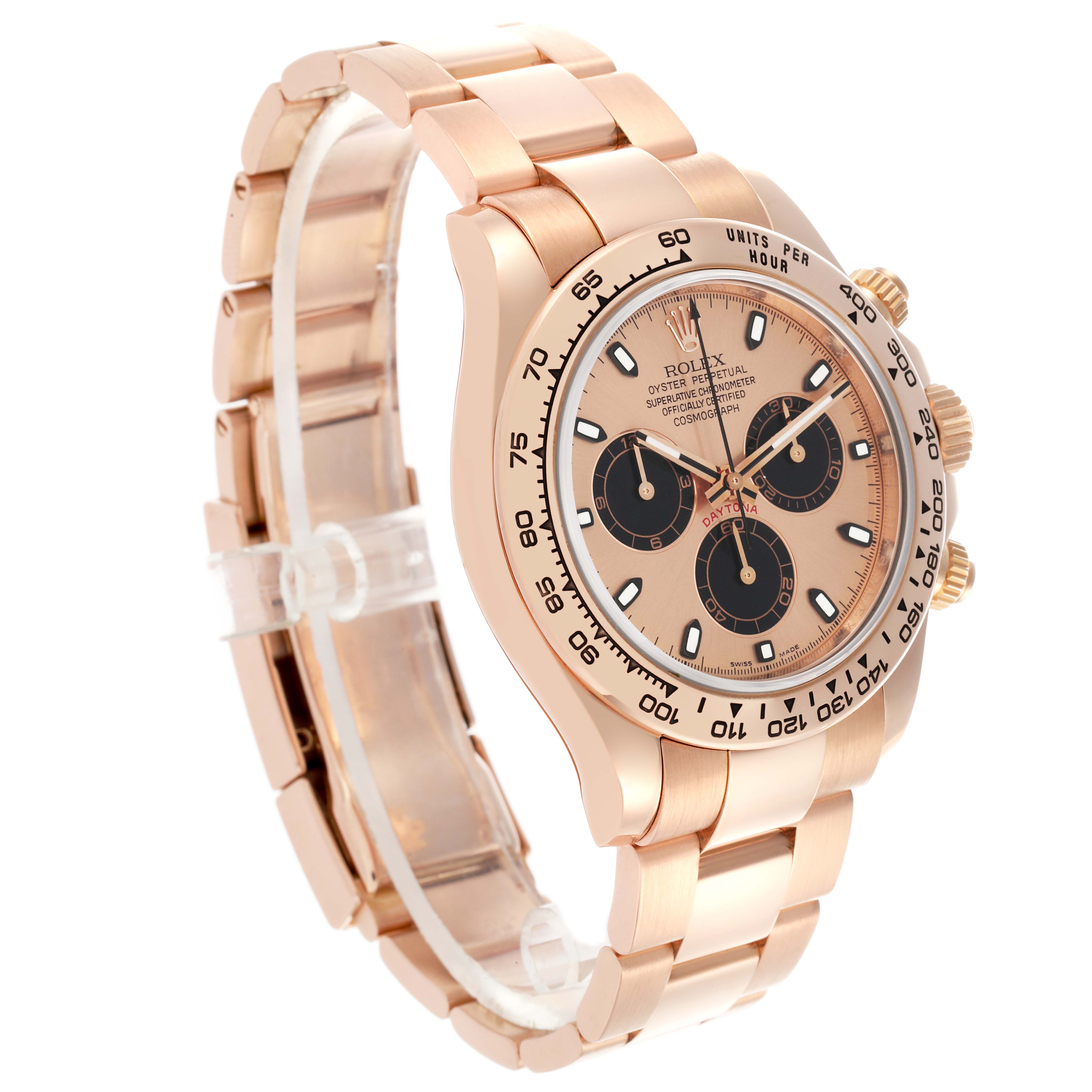 The Rolex Daytona 116505 Men's Rose Gold Champagne Dial 116505 Men's Rose Gold Champagne Dial watch is shown at a three-quarter angle, displaying its face, bezel, case, and bracelet.