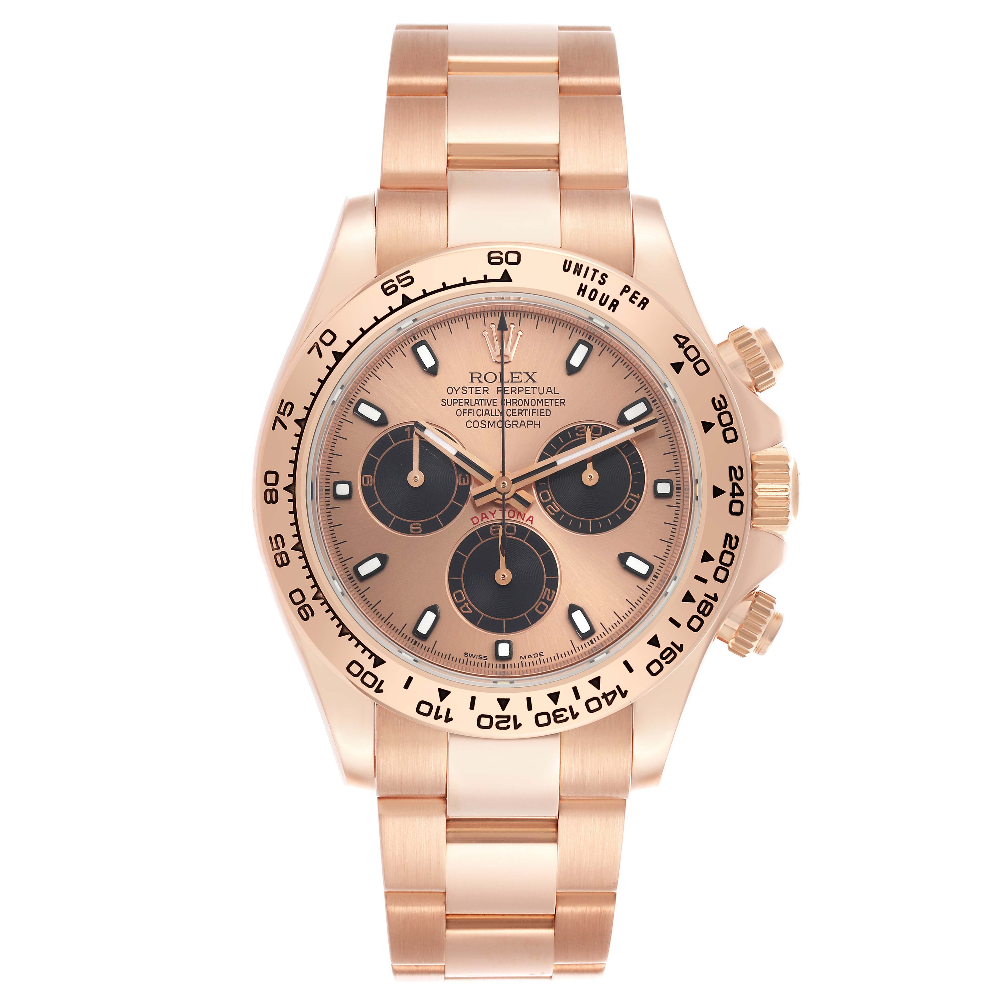 The Rolex Daytona 116505 Men's Rose Gold Champagne Dial 116505 Men's Rose Gold Champagne Dial is shown from a front angle, displaying the dial, bezel, and bracelet.